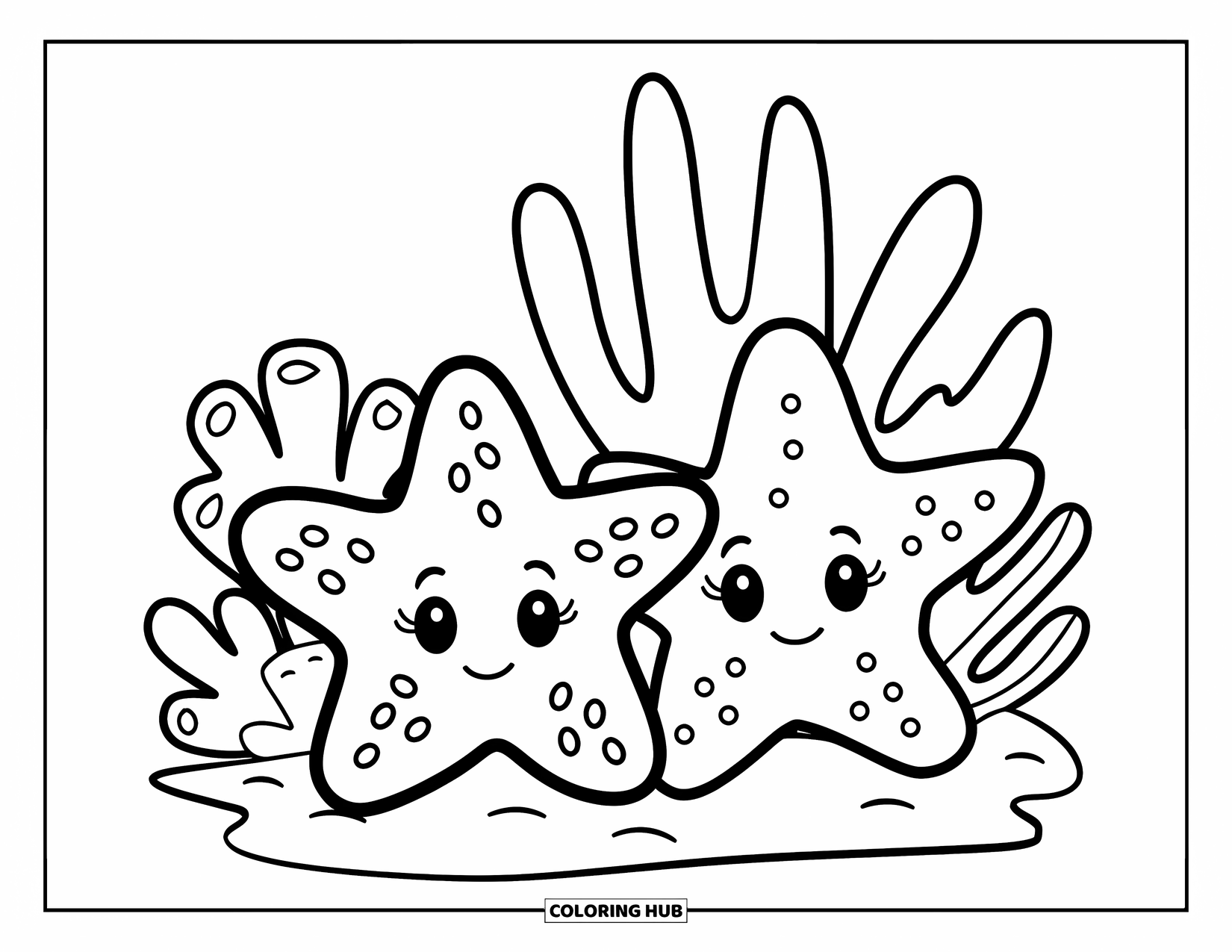 Coloriage Océan pour enfants : De jolies étoiles de mer avec de minuscules points se détendent près de coraux et de plantes marines qui se balancent