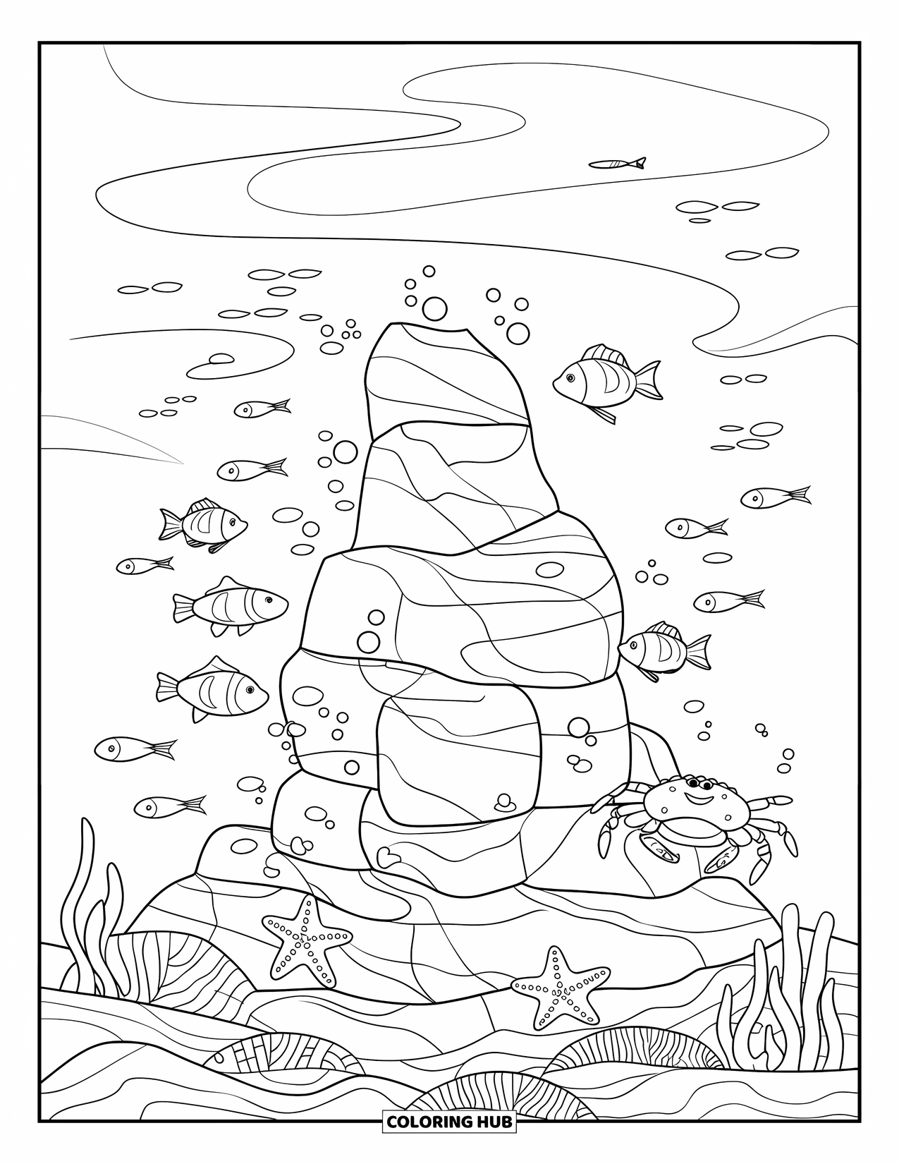 Coloriage Océan pour enfants : Des poissons et des créatures marines dérivent calmement près de roches sous-marines et d’une eau douce et fluide