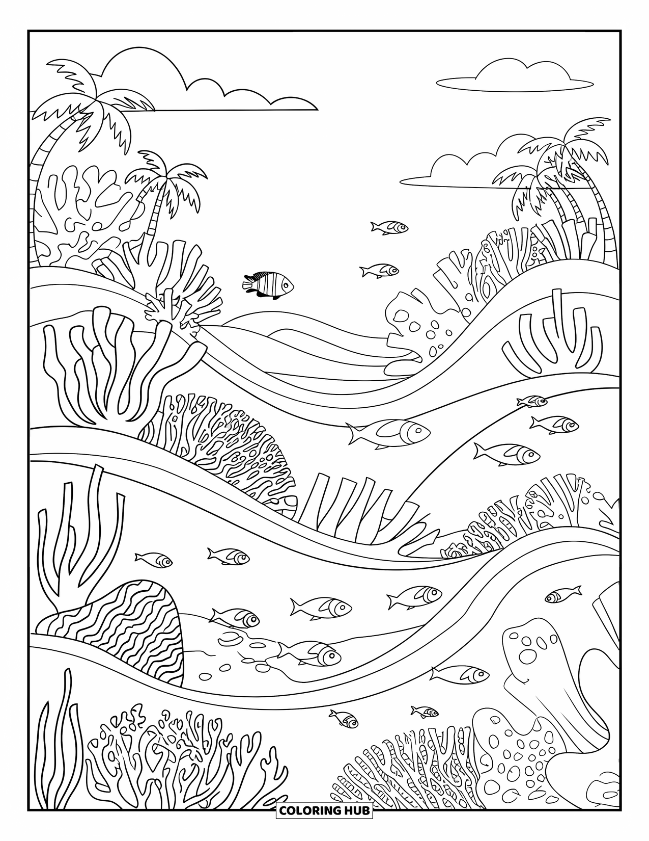 Coloriage Océan pour enfants : Des poissons nagent à travers des récifs coralliens sous des nuages et des palmiers par une journée paisible
