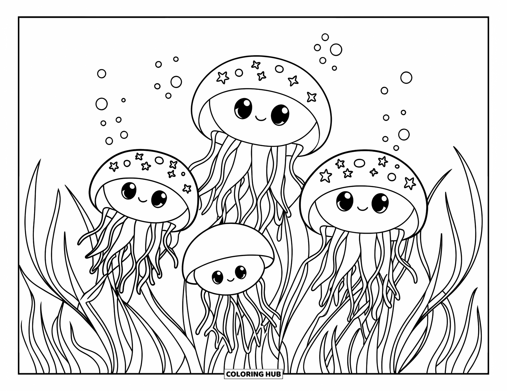 Coloriage Océan pour enfants : Quatre méduses flottent au-dessus des herbiers marins, leurs corps ronds parsemés de minuscules formes d’étoiles
