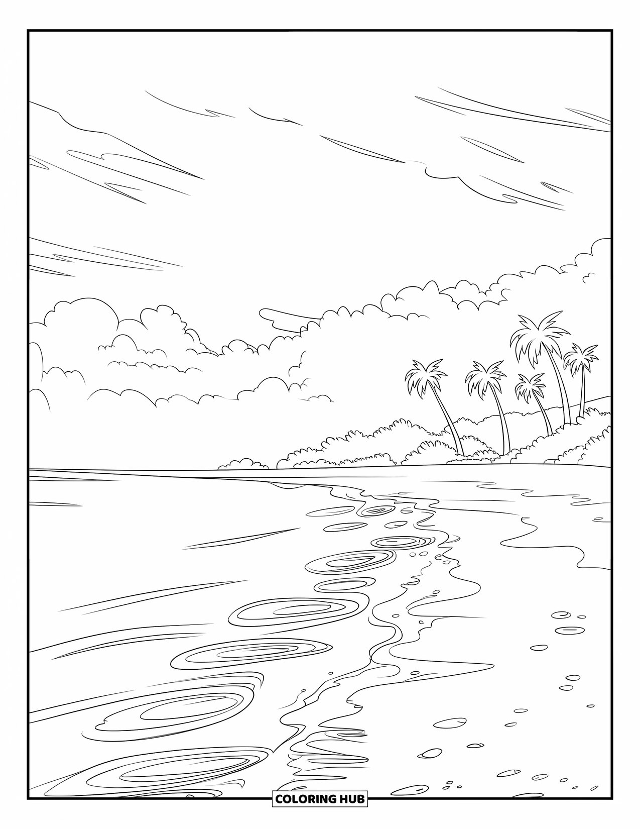 Coloriage Océan pour enfants : De douces ondulations touchent la plage sous des nuages et des palmiers se balançant doucement