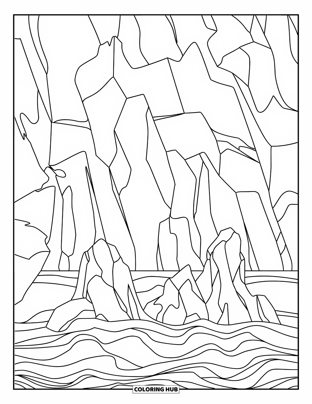 Coloriage Océan pour enfants : Des roches déchiquetées se trouvent en dessous tandis que de douces lignes de courant s’étendent à travers l’eau tranquille