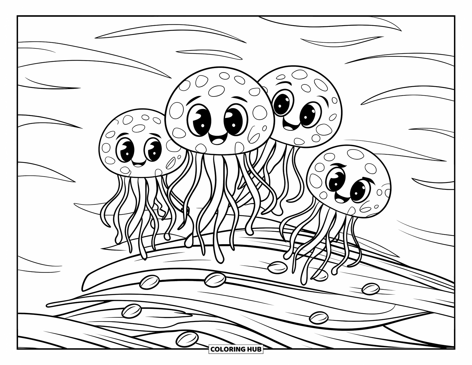 Coloriage Océan pour enfants : Des méduses avec de grands yeux dérivent paisiblement au-dessus des herbiers marins et des douces vagues de l’océan