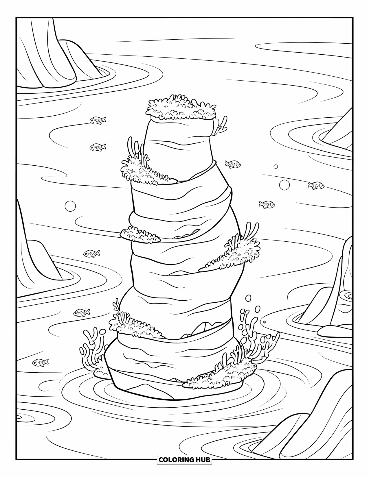 Coloriage Océan pour enfants : Des roches en couches avec des algues sont assises sous l’eau tandis que de petits poissons nagent doucement à proximité