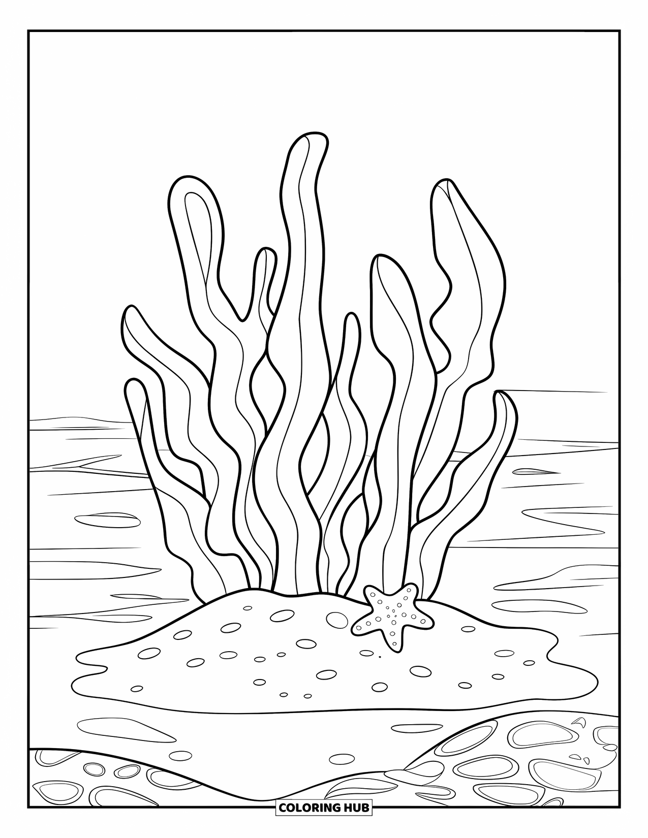 Coloriage Océan pour enfants : Des algues ludiques s’élèvent du sol sablonneux près d’une étoile de mer et de vagues joyeuses