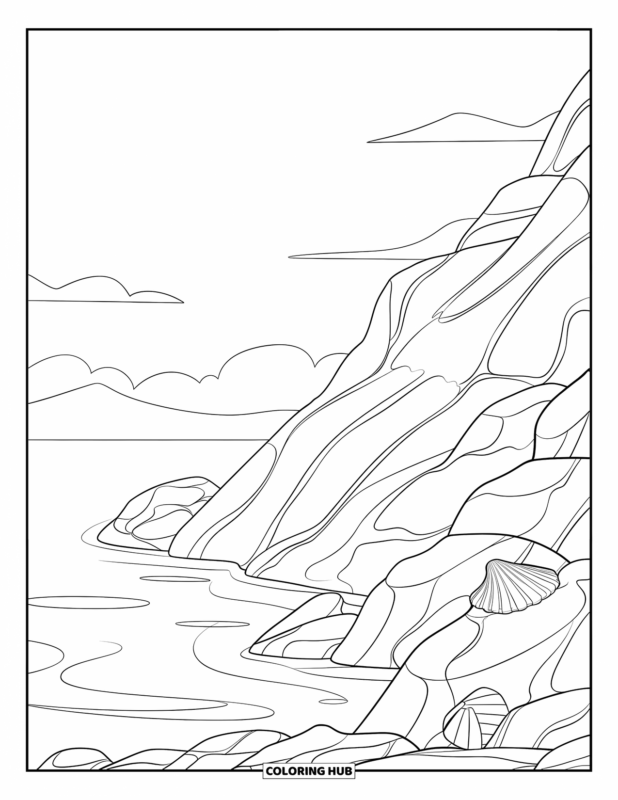 Coloriage Océan pour enfants : Des roches mènent à une eau douce avec des coquillages à proximité et de doux nuages dans le ciel