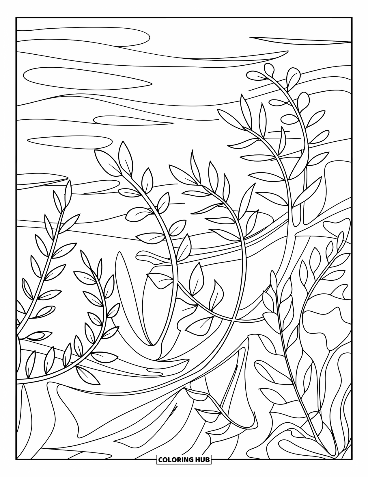 Coloriage Océan pour enfants : Les plantes marines se tordent et se balancent ensemble, se déplaçant doucement au rythme de la mer