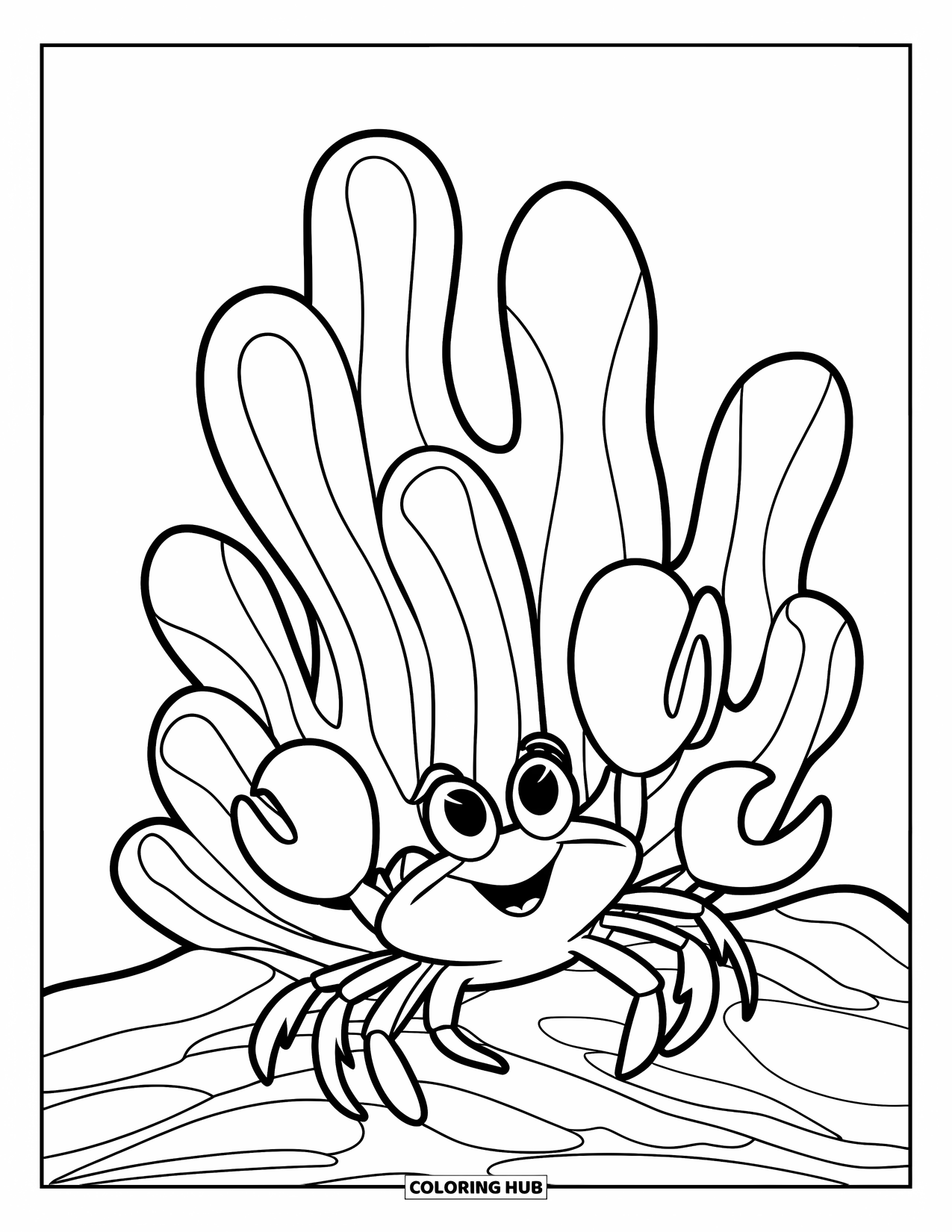 Coloriage Océan pour enfants : Des algues se balancent tandis qu’un minuscule crabe jette un coup d’œil avec un sourire joyeux