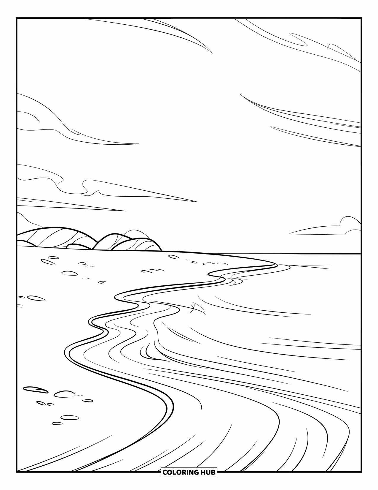 Coloriage Océan pour enfants : Des ondulations lisses atteignent une plage tranquille avec des roches et quelques nuages éparpillés