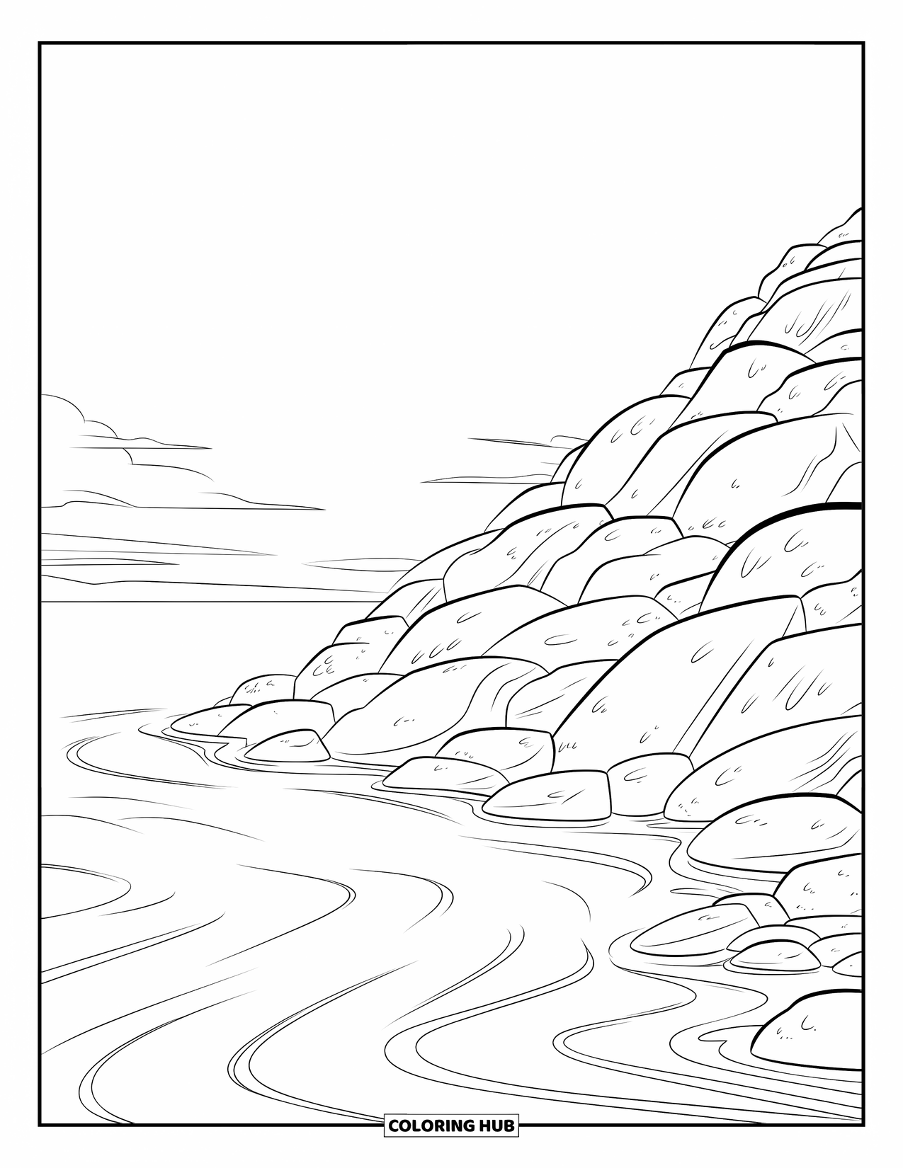 Coloriage Océan pour enfants : Des roches lisses rencontrent une eau calme tandis que des lignes d’écoulement ondulent et que des nuages dérivent au-dessus