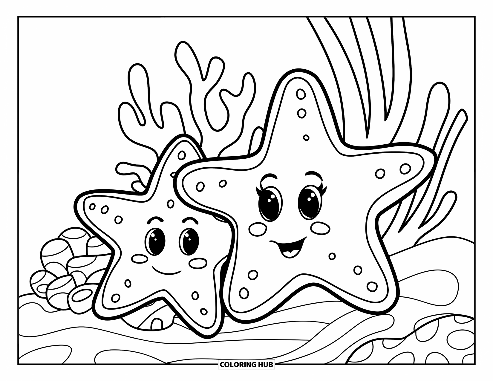Coloriage Océan pour enfants : Deux étoiles de mer joyeuses avec des bras parsemés de points se trouvent près d’algues et de coraux