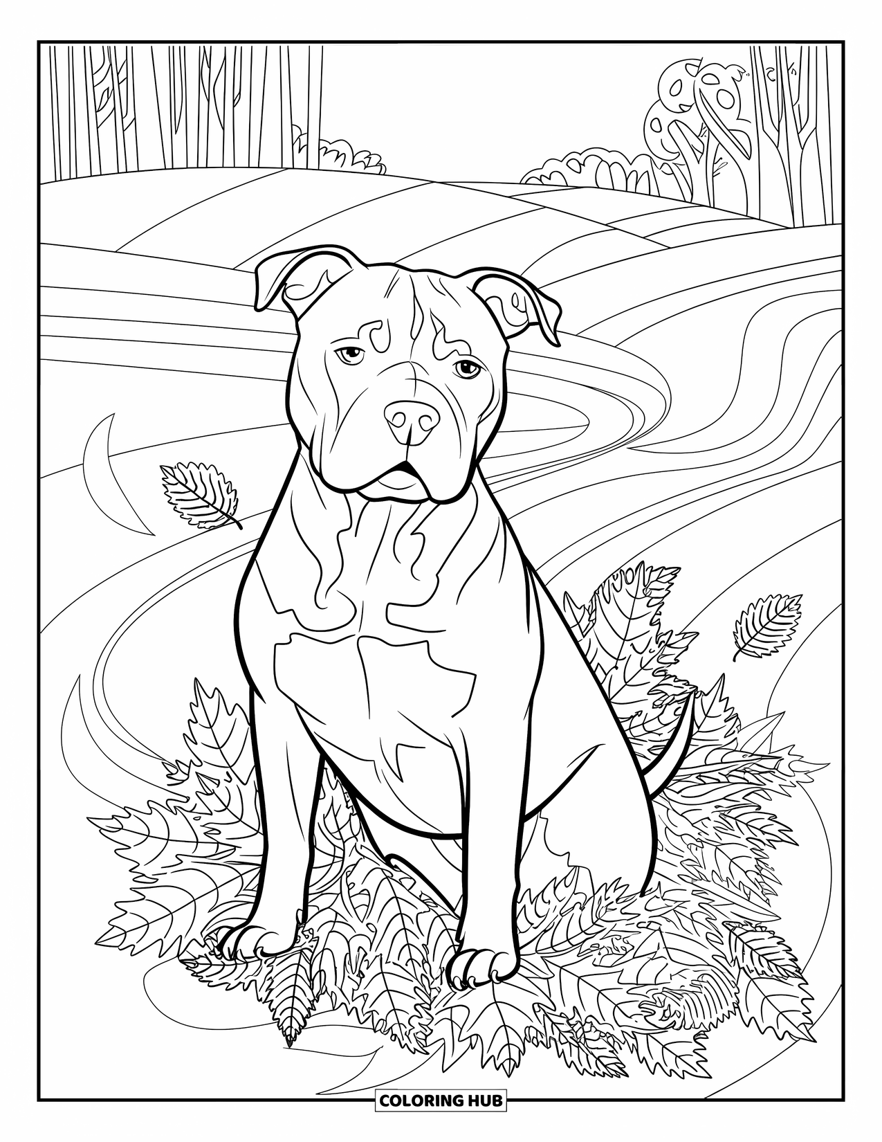 Pitbull Ausmalbild für Erwachsene: Pitbull zwischen fallenden Blättern in einer friedlichen Herbstlandschaft