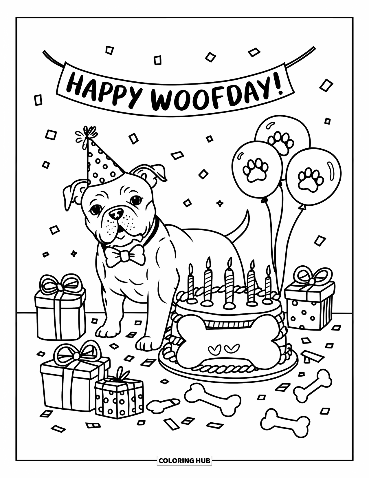 Pitbull Ausmalbild für Erwachsene: Pitbull mit Fliege steht neben Luftballons, einem Knochenkuchen und Geschenkboxen