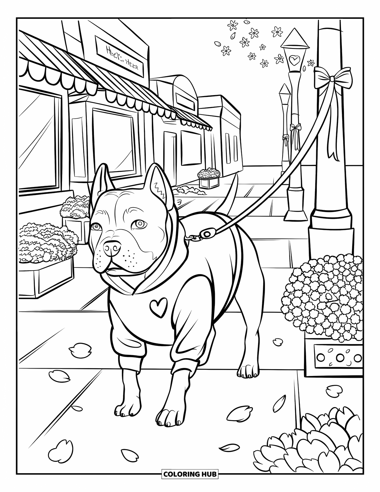 Pitbull Ausmalbild für Erwachsene: Pitbull geht in einem Hoodie an Geschäften mit schwebenden Blüten und weichen Pfotenabdrücken vorbei