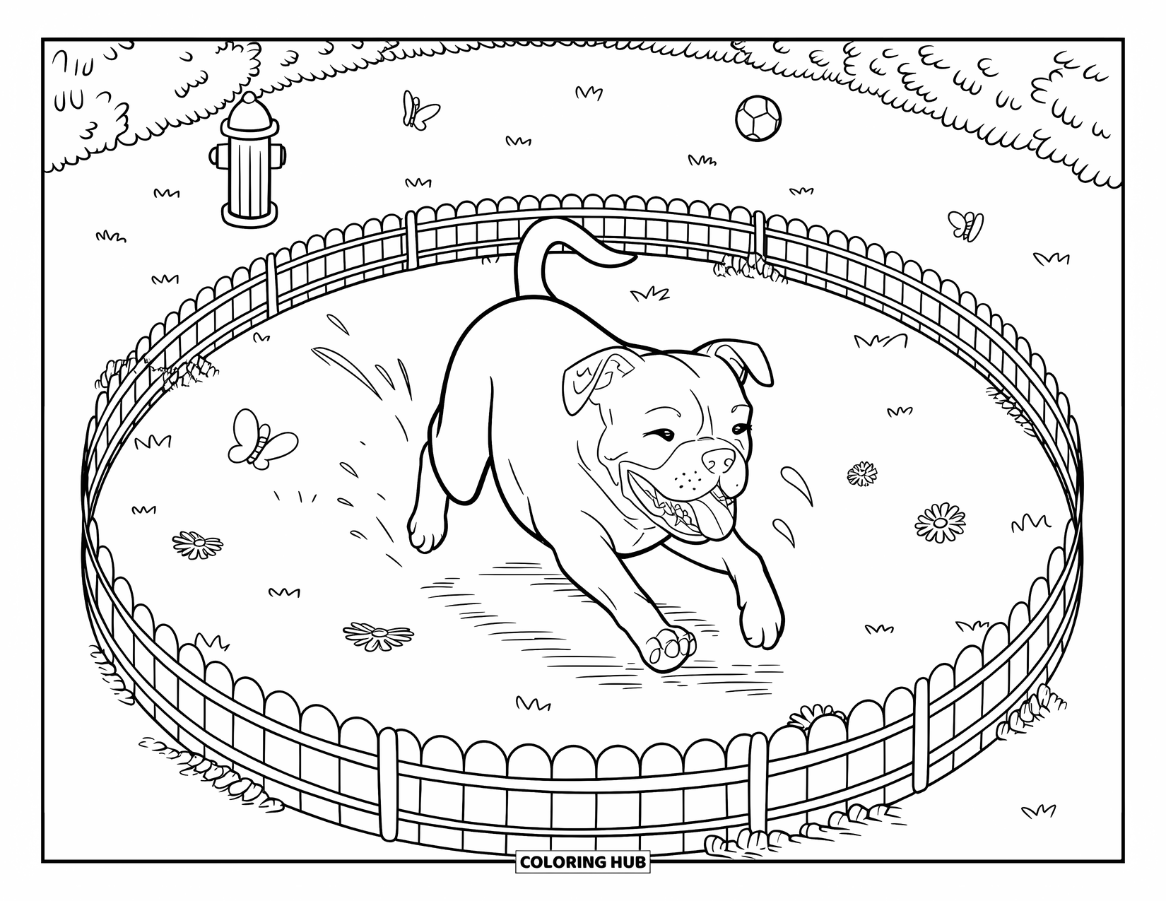 Pitbull Ausmalbild für Erwachsene: Pitbull jagt freudig seinem Schwanz in einem mit Gänseblümchen gefüllten Minipark hinterher