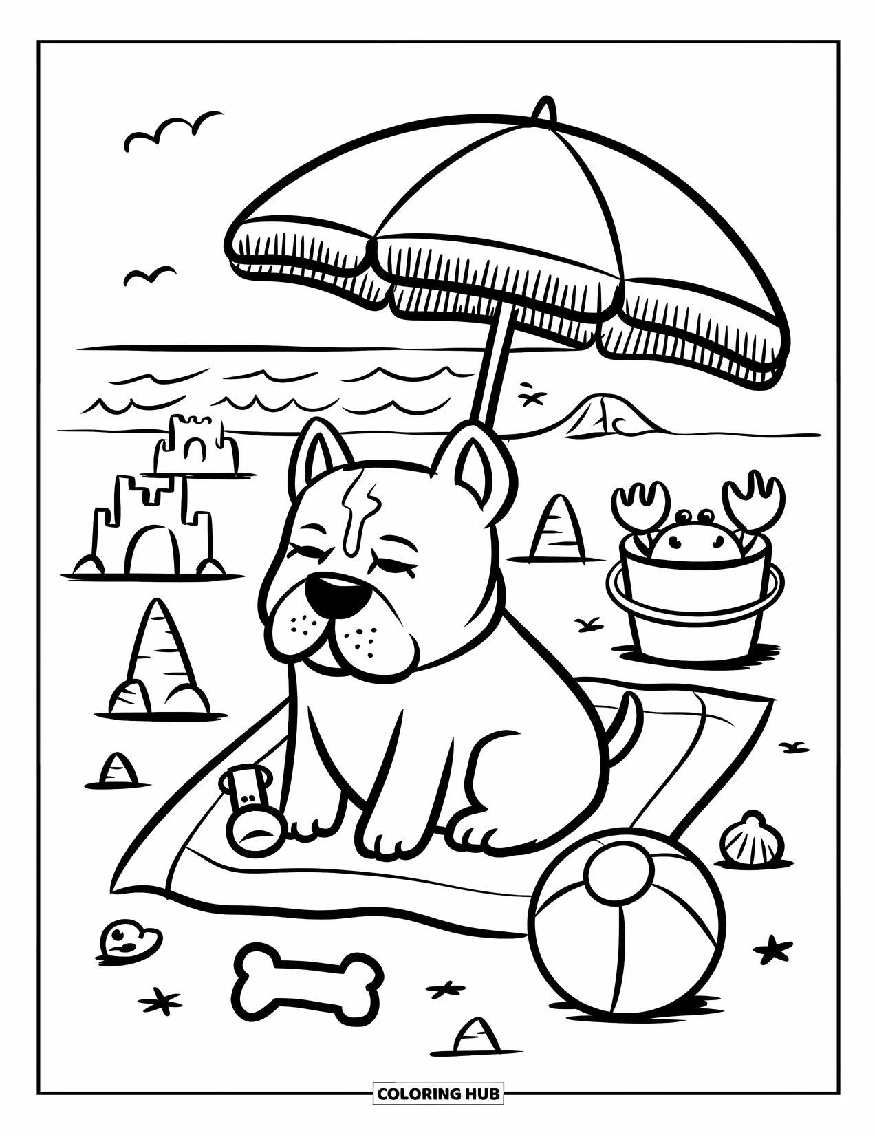 Pitbull Ausmalbild für Erwachsene: Pitbull liegt am Sand neben Muscheln, einem Beachball und einer Krabbe