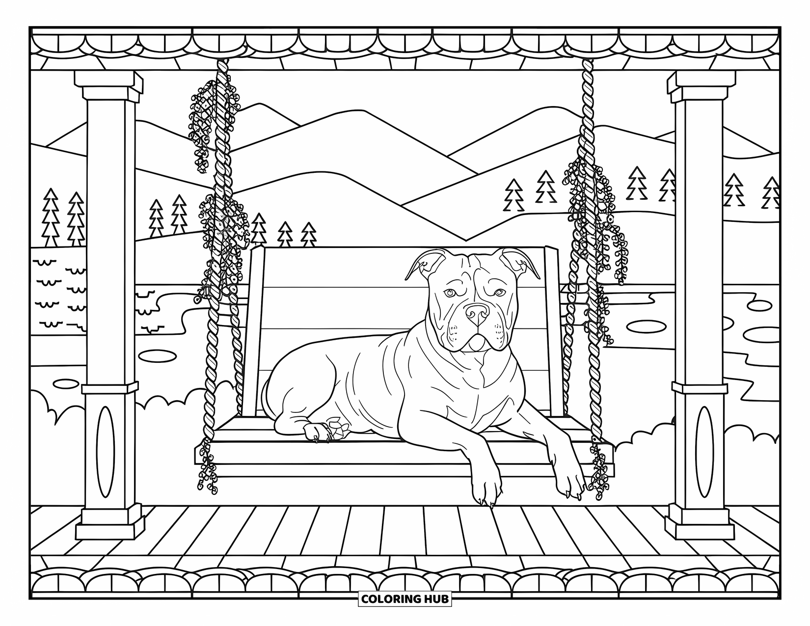 Pitbull Ausmalbild für Erwachsene: Pitbull liegt auf einer Verandaschaukel mit hängenden Pflanzen und einer ruhigen Landschaft