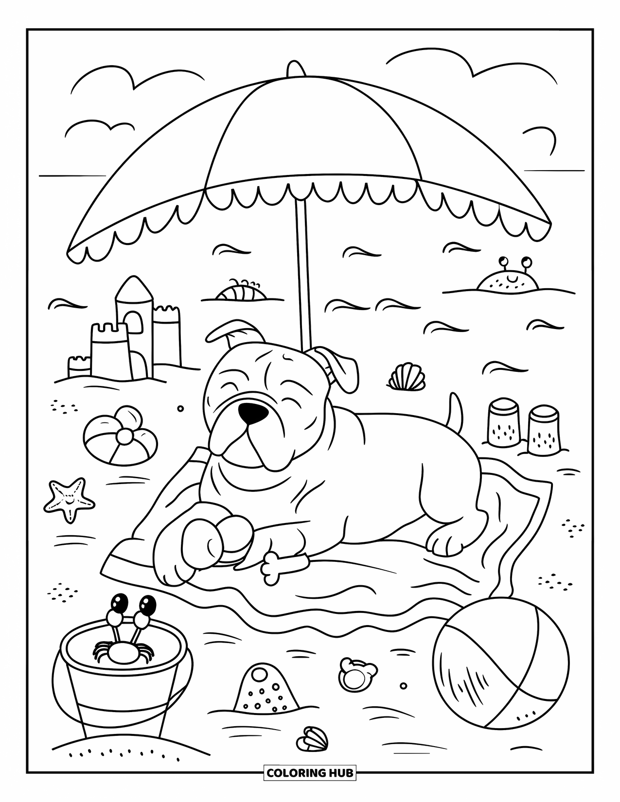 Pitbull Ausmalbild für Erwachsene: Pitbull macht unter einem Sonnenschirm ein Nickerchen bei winzigen Wellen und niedlichen Stranddetails