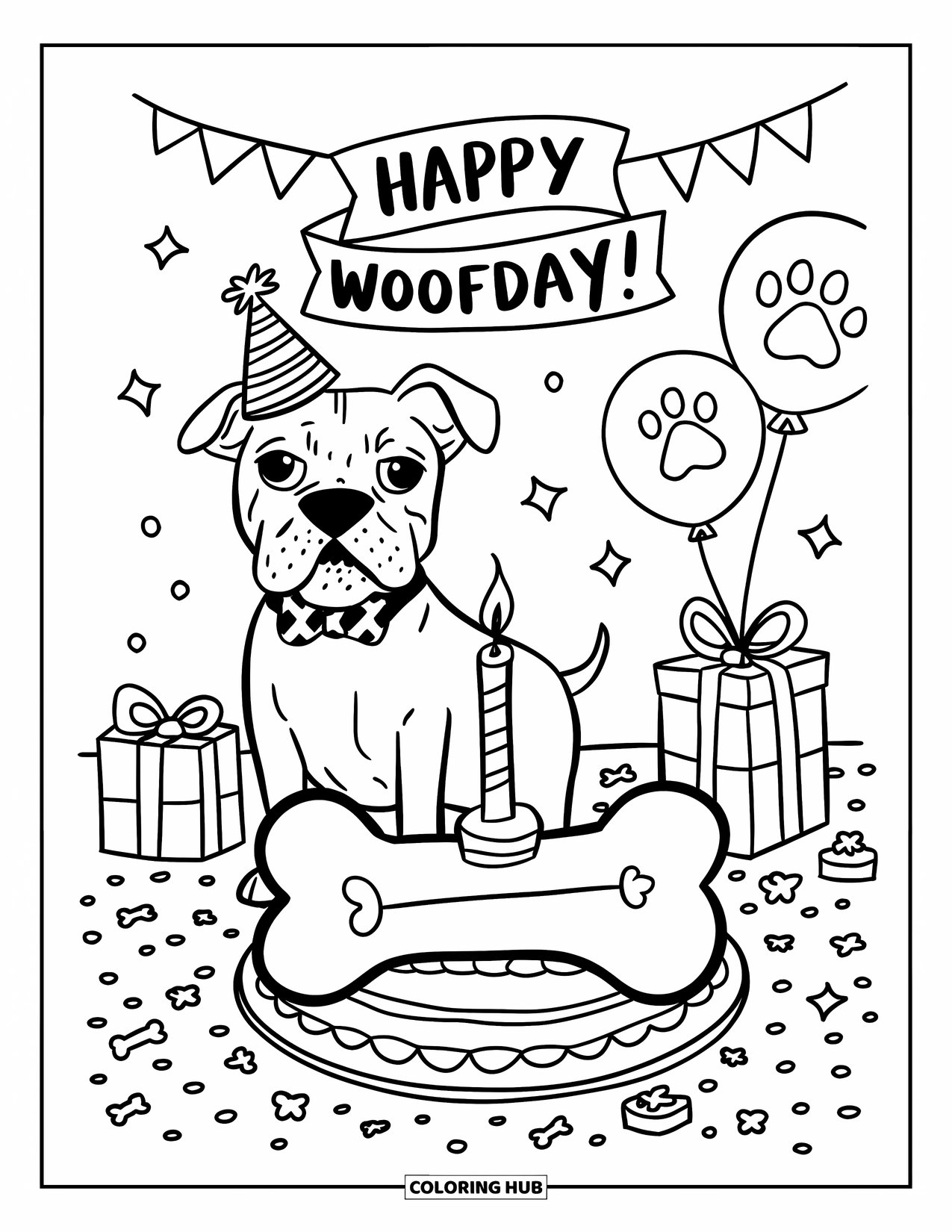 Pitbull Ausmalbild für Erwachsene: Pitbull-Party-Szene mit Kuchen, Pfotenballons und einer „Happy Woofday!“-Girlande