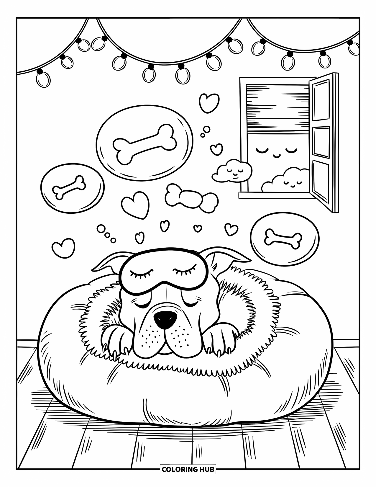 Pitbull Ausmalbild für Erwachsene: Pitbull entspannt sich unter gemütlichen Lichtern, eingewickelt in eine Decke mit verträumten Blasen