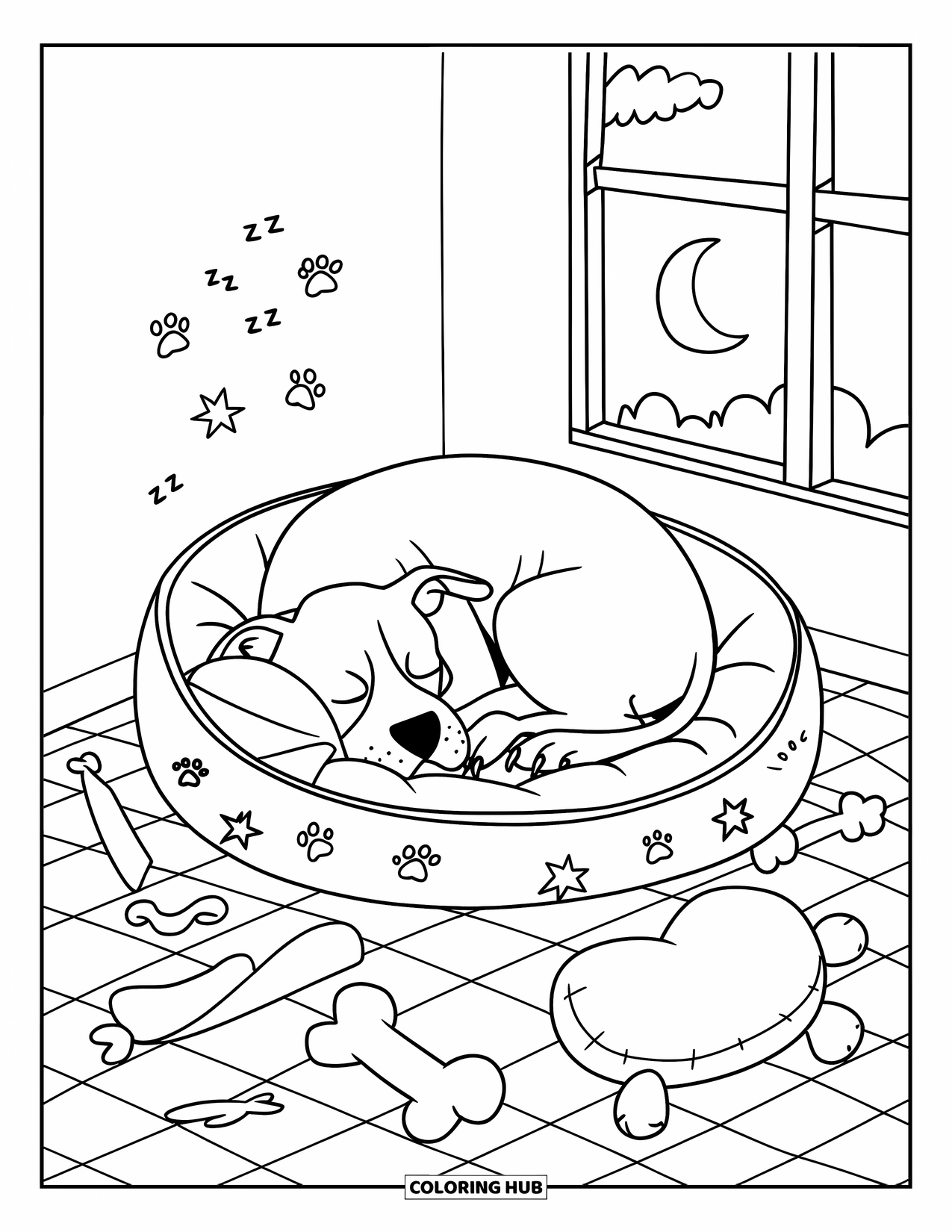 Pitbull Ausmalbild für Erwachsene: Pitbull ruht friedlich in einem runden Bett, umgeben von Sternen und Pfoten-Doodles