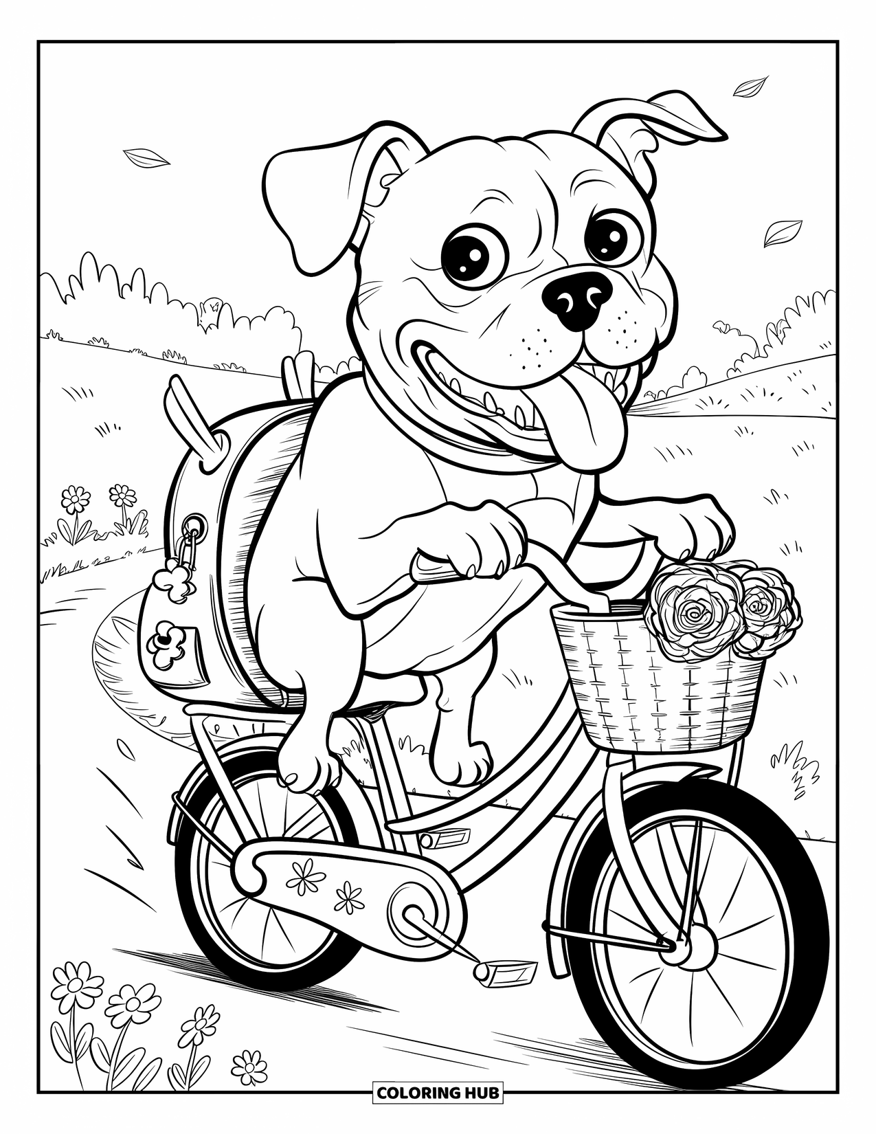 Pitbull Ausmalbild für Erwachsene: Pitbull fährt glücklich in einem Fahrradkorb, wobei seine Ohren im Wind flattern