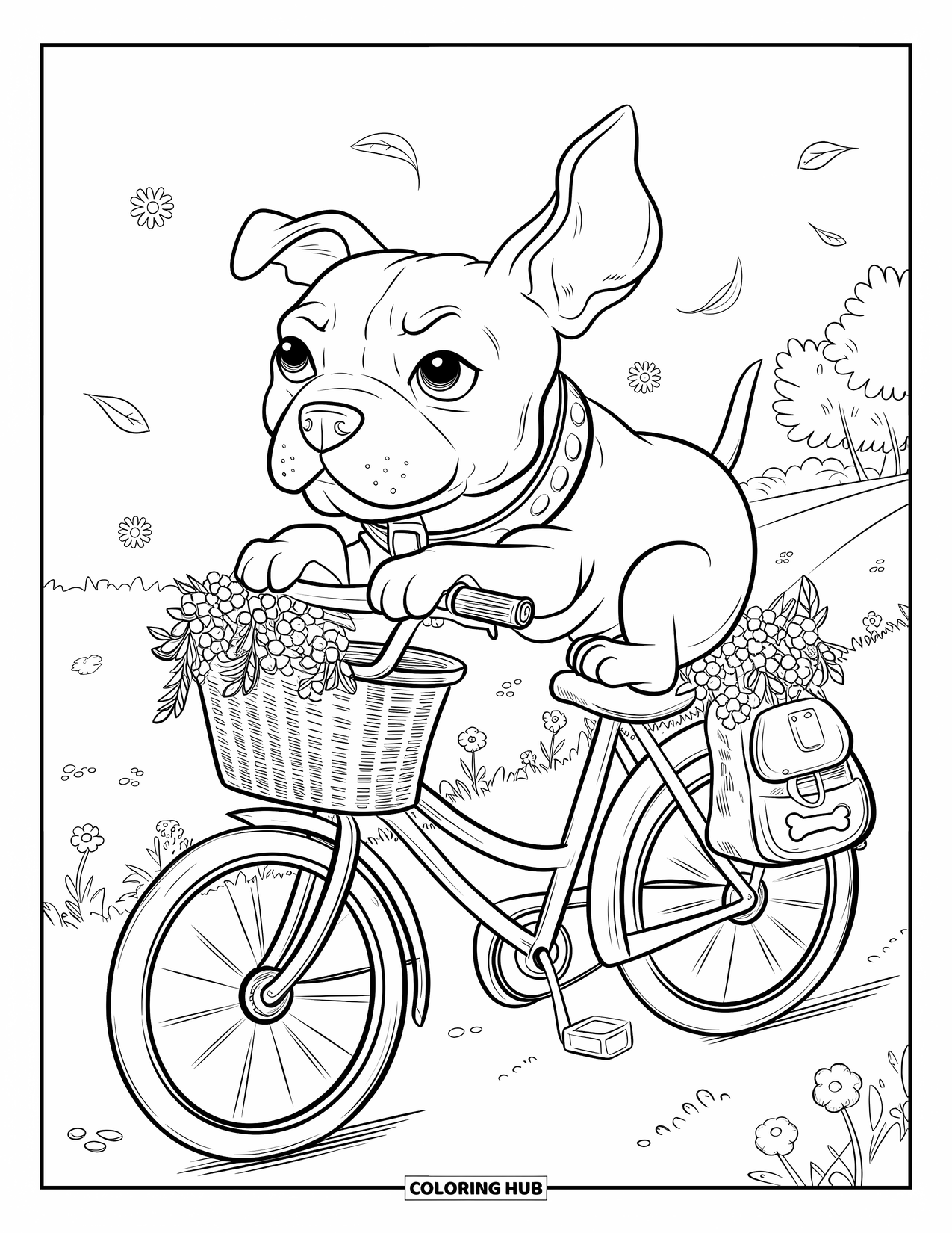 Pitbull Ausmalbild für Erwachsene: Pitbull fährt in einem Fahrradkorb einen blumenreichen Landweg entlang
