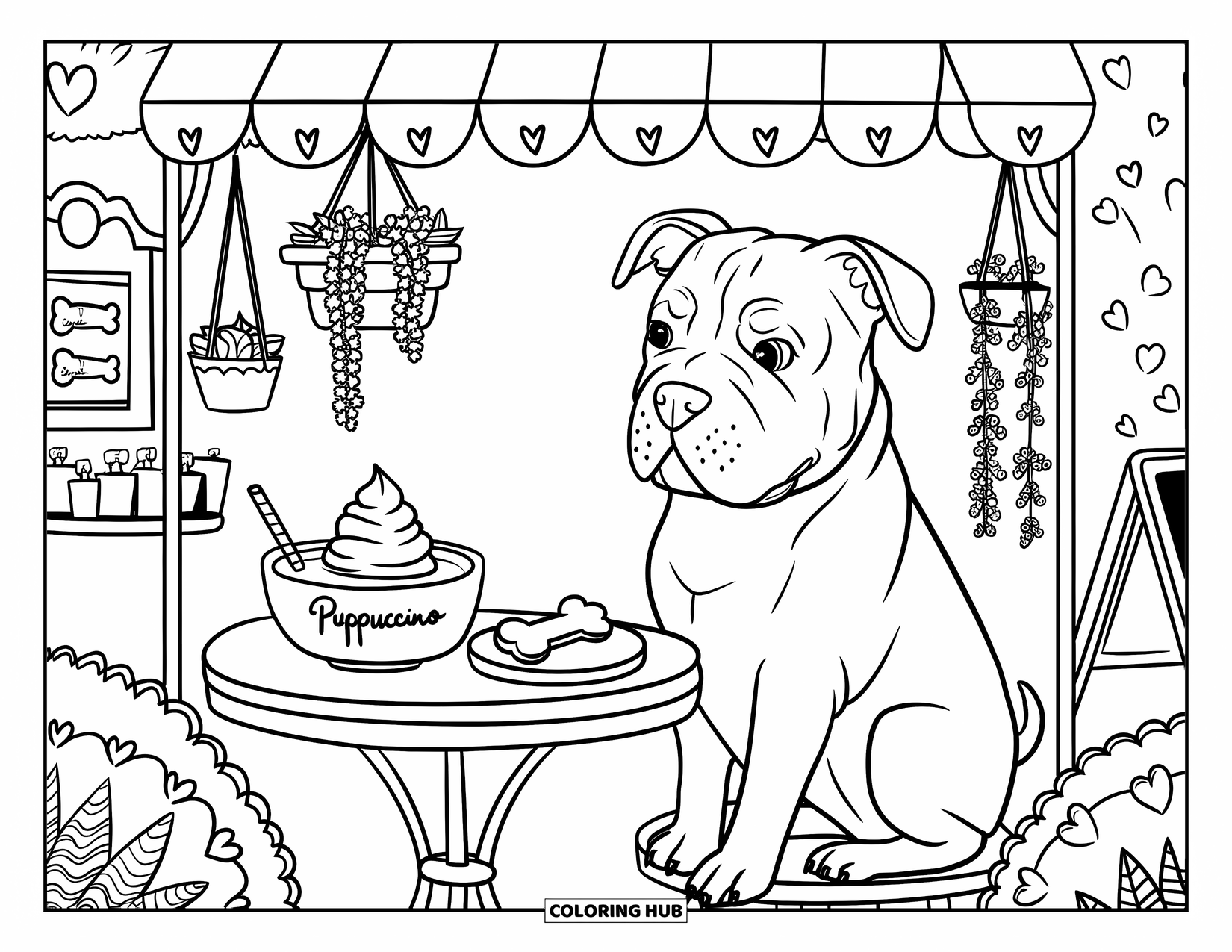 Pitbull Ausmalbild für Erwachsene: Pitbull sitzt an einem CafÈ-Tisch mit einem Puppuccino und einem herzförmigen Baldachin