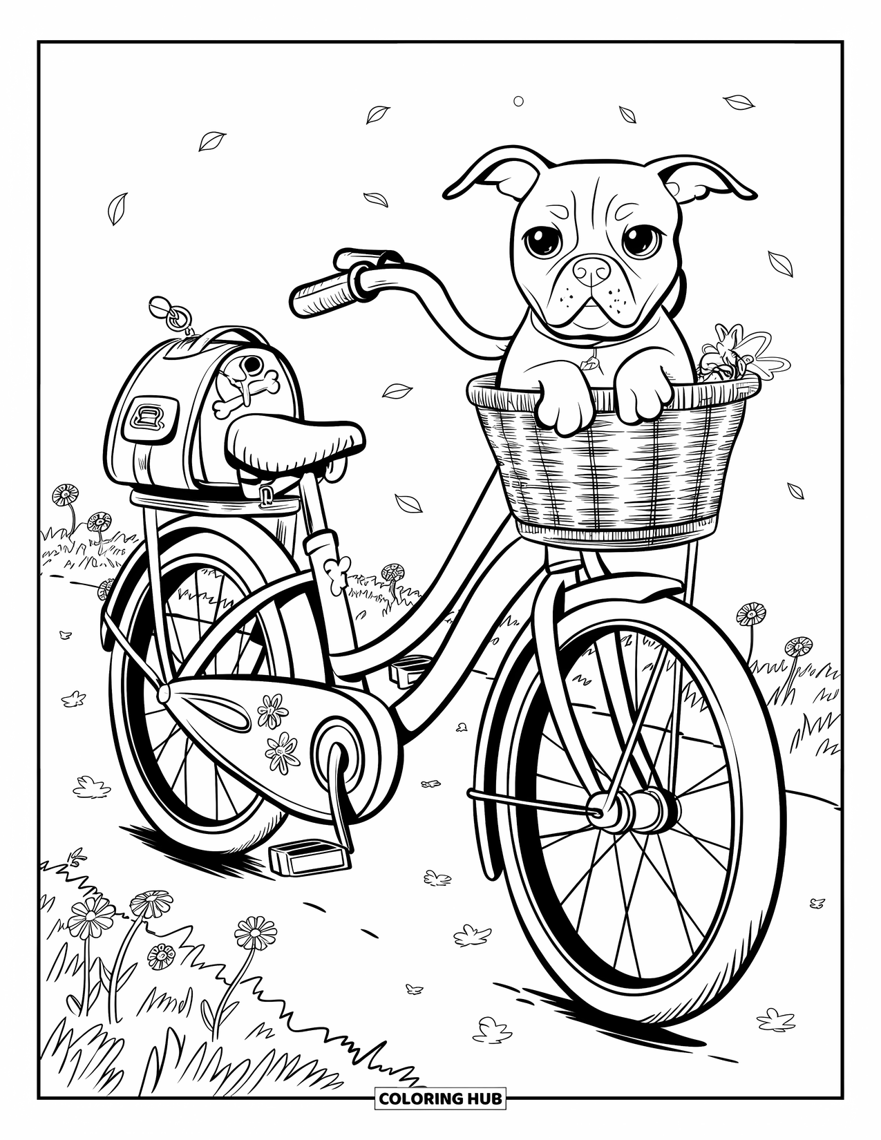 Pitbull Ausmalbild für Erwachsene: Pitbull sitzt in einem Korb, während ein Fahrrad durch Blumen und schwebende Blätter rollt