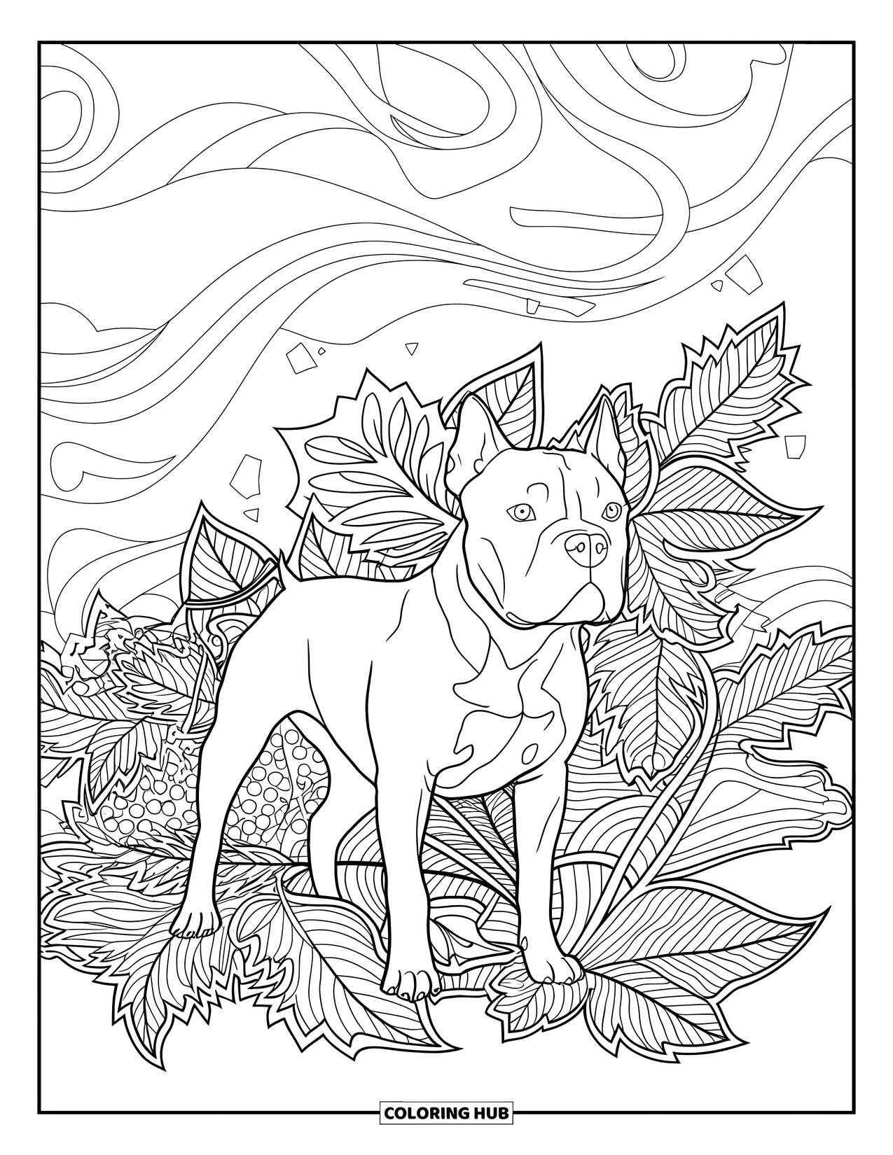 Pitbull Ausmalbild für Erwachsene: Pitbull sitzt in wirbelndem Wind und detaillierten Herbstblättern