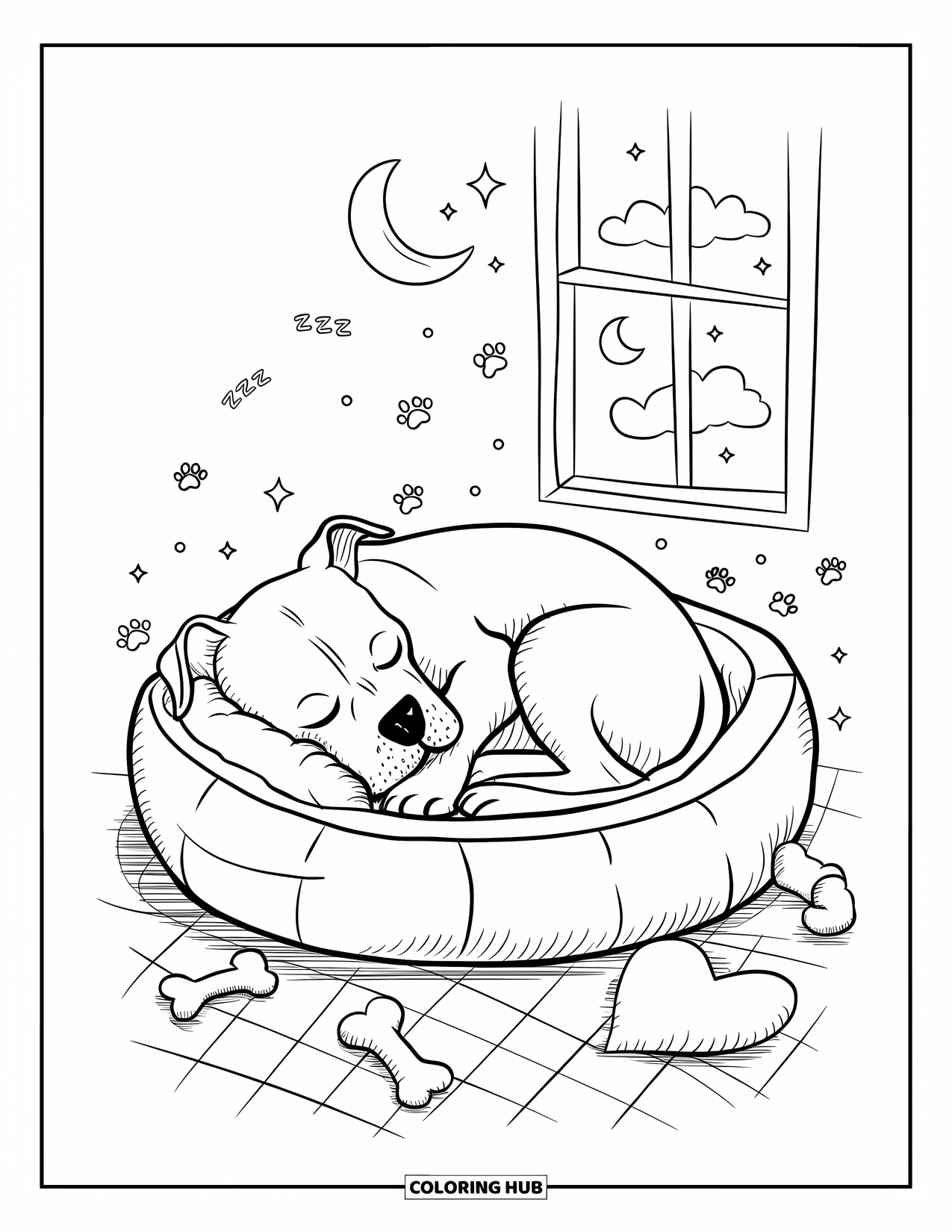 Pitbull Ausmalbild für Erwachsene: Pitbull schläft friedlich mit Plüschtieren, weichem Boden und funkelnden Nachtdetails