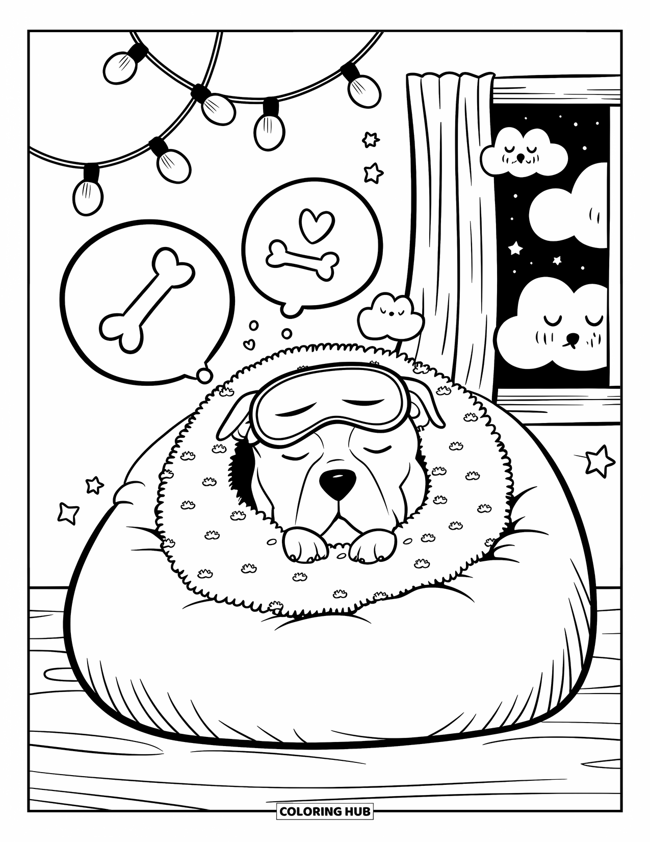 Pitbull Ausmalbild für Erwachsene: Pitbull kuschelt sich in einen Sitzsack mit schwebenden Traumblasen und Lichterketten