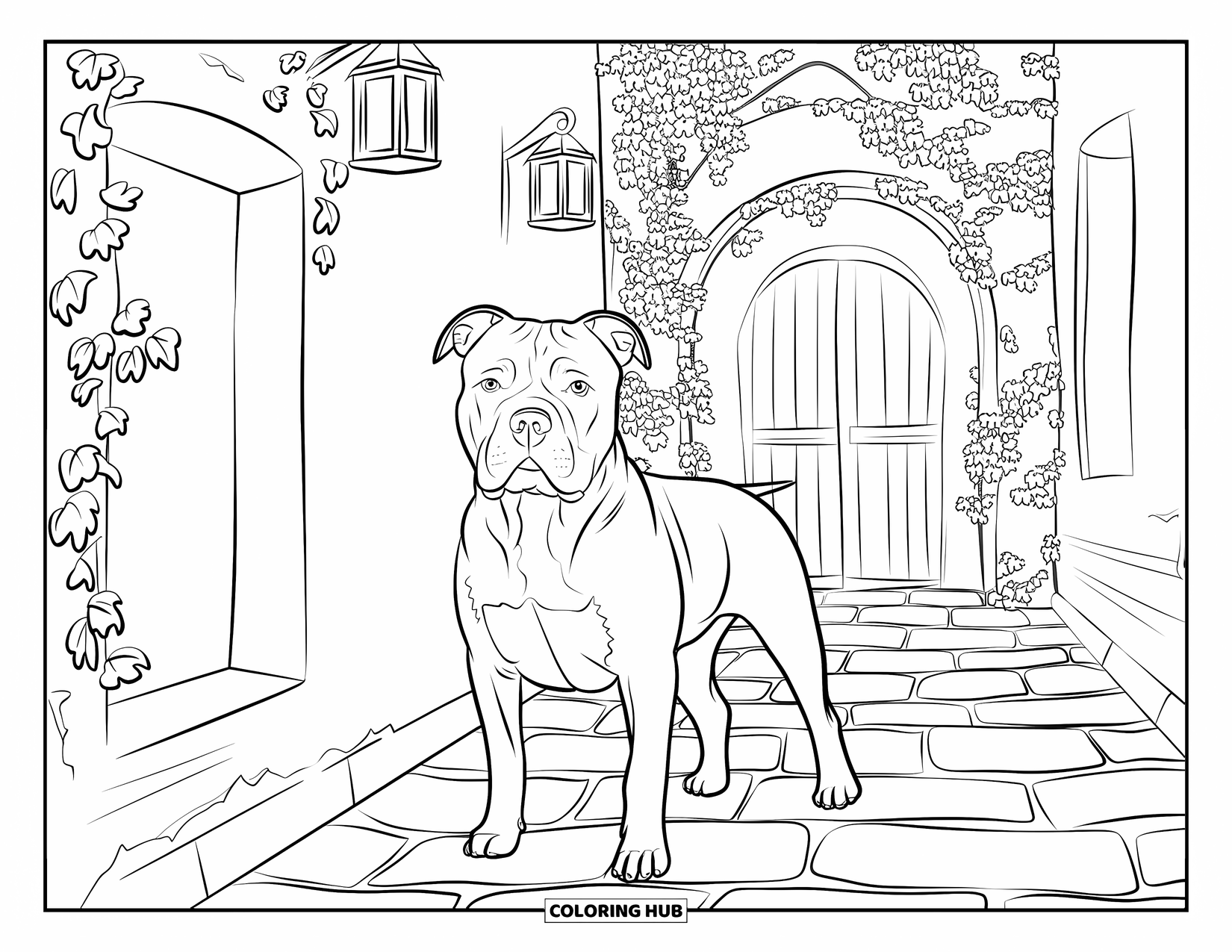 Pitbull Ausmalbild für Erwachsene: Pitbull steht in einer gepflasterten Gasse mit efeubewachsenen Mauern und hängenden Laternen
