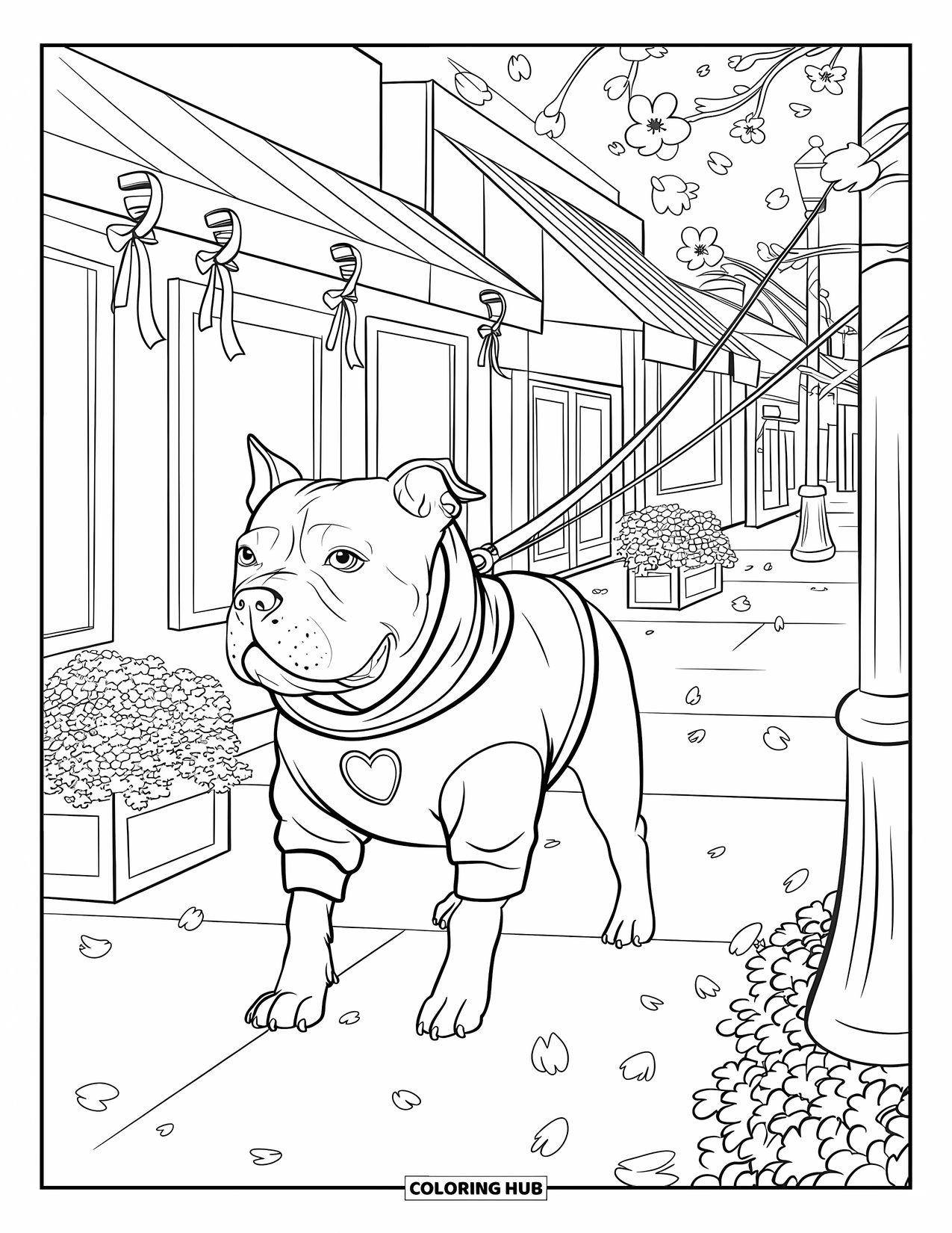 Pitbull Ausmalbild für Erwachsene: Pitbull schlendert in einem Hoodie mit Kirschblüten und Pfotenabdrücken durch die Stadt