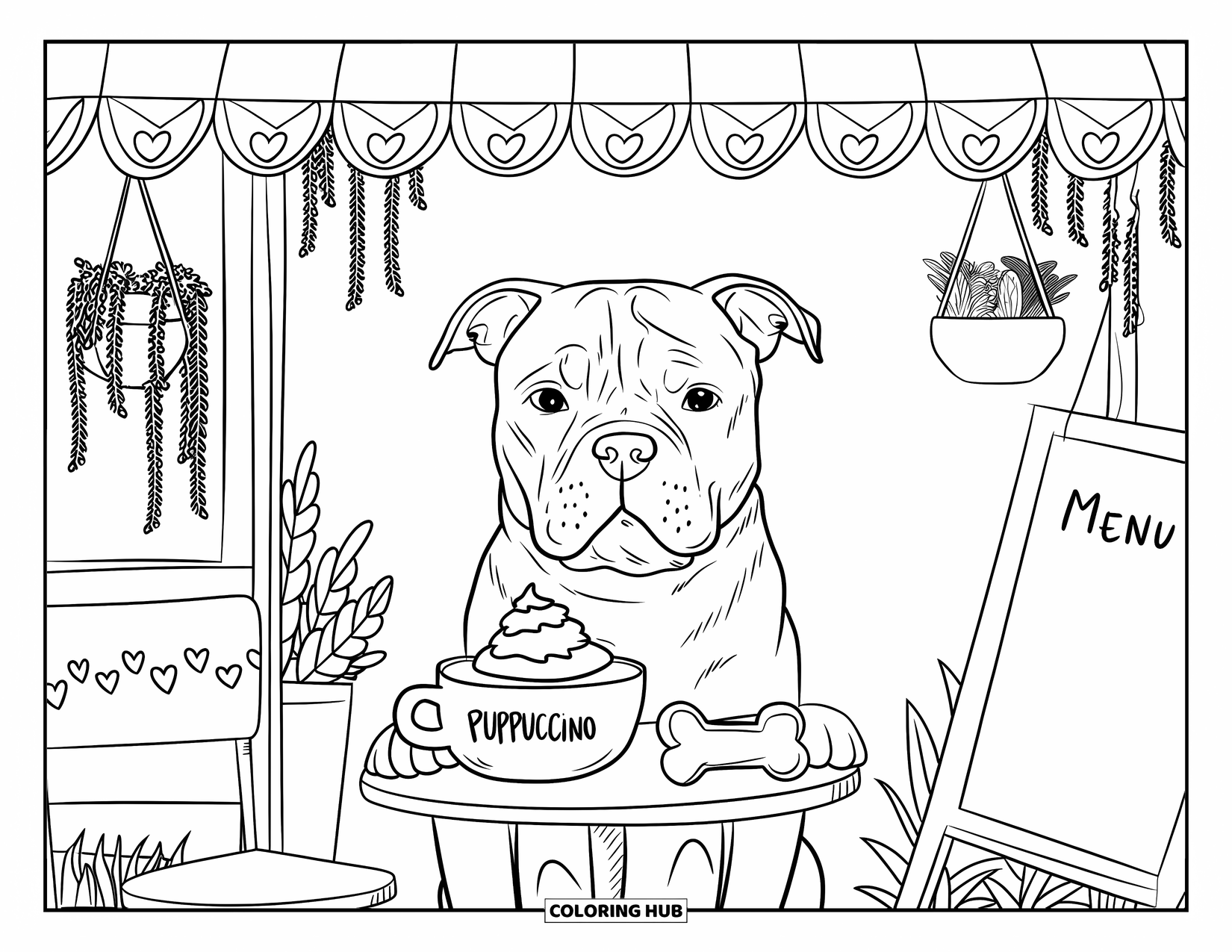 Pitbull Ausmalbild für Erwachsene: Pitbull wartet geduldig in einem CafÈ mit einem Knochenkeks und einer Schlagsahne
