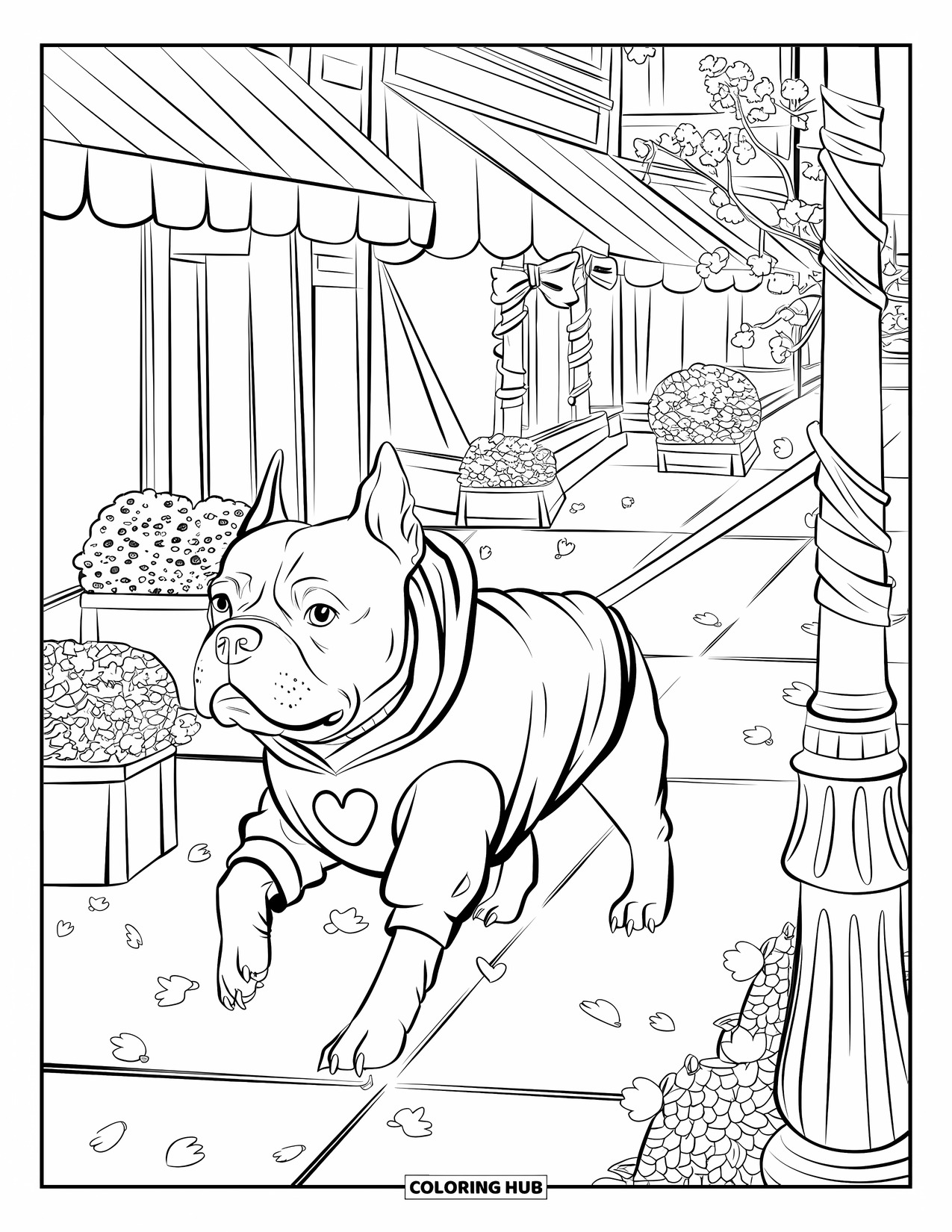Pitbull Ausmalbild für Erwachsene: Pitbull geht auf einem Stadtpfad mit Topfpflanzen und treibenden Blütenblättern