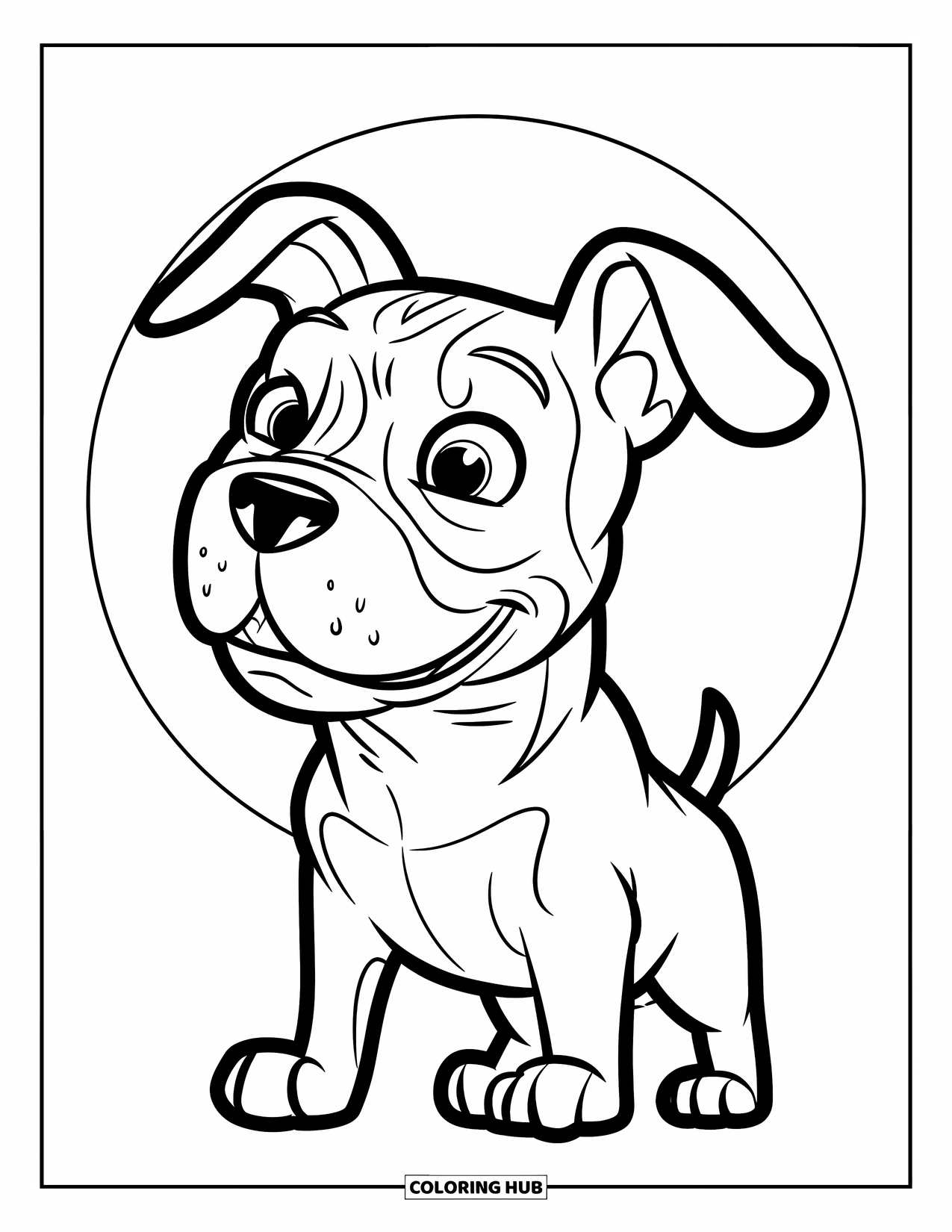 Pitbull Ausmalbild für Kinder: Fröhlicher Pitbull mit Schlappohren blickt mit einem breiten Grinsen zur Seite