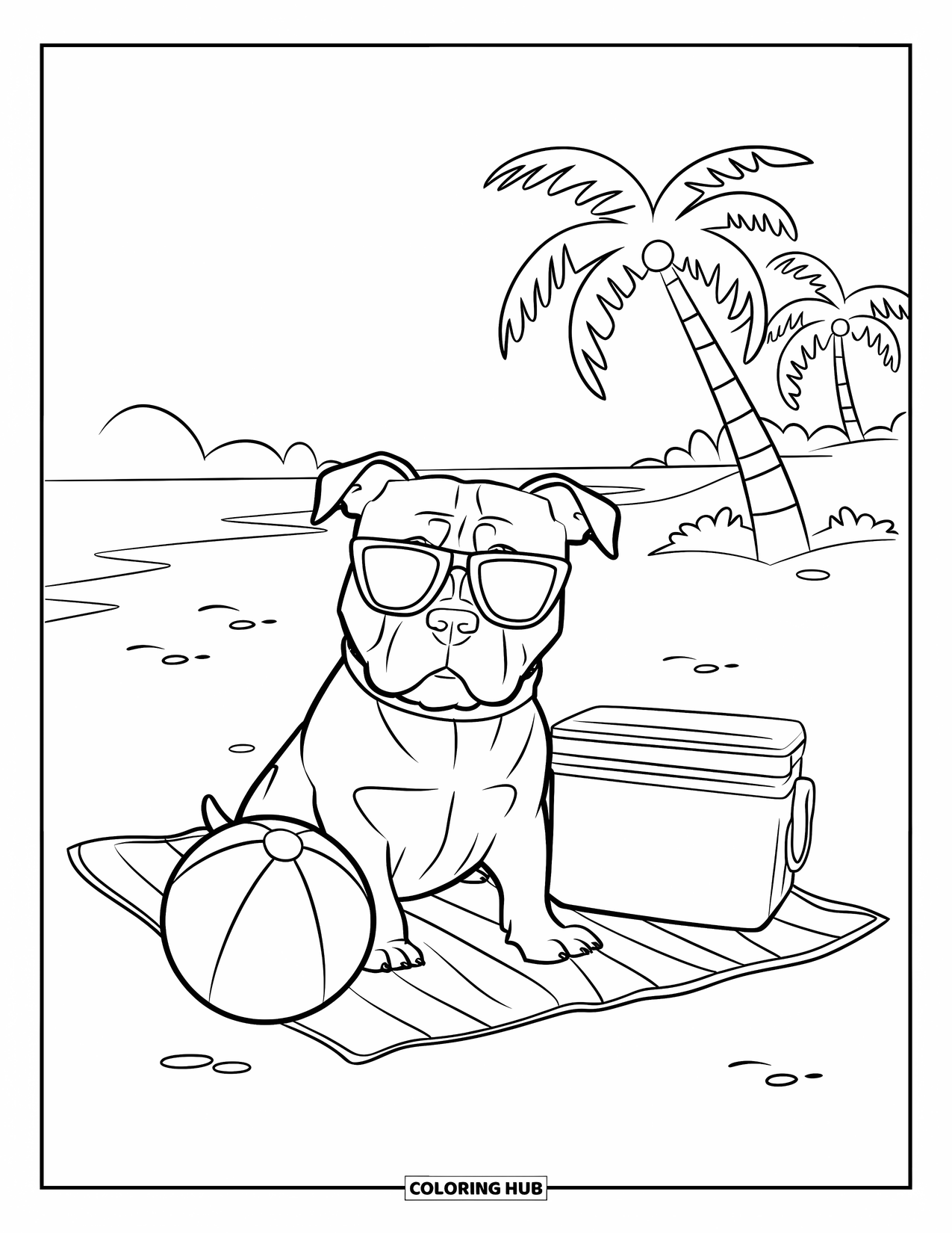 Pitbull Ausmalbild für Kinder: Pitbull chillt am Strand mit Sonnenbrille und einem Ball neben einer Kühlbox