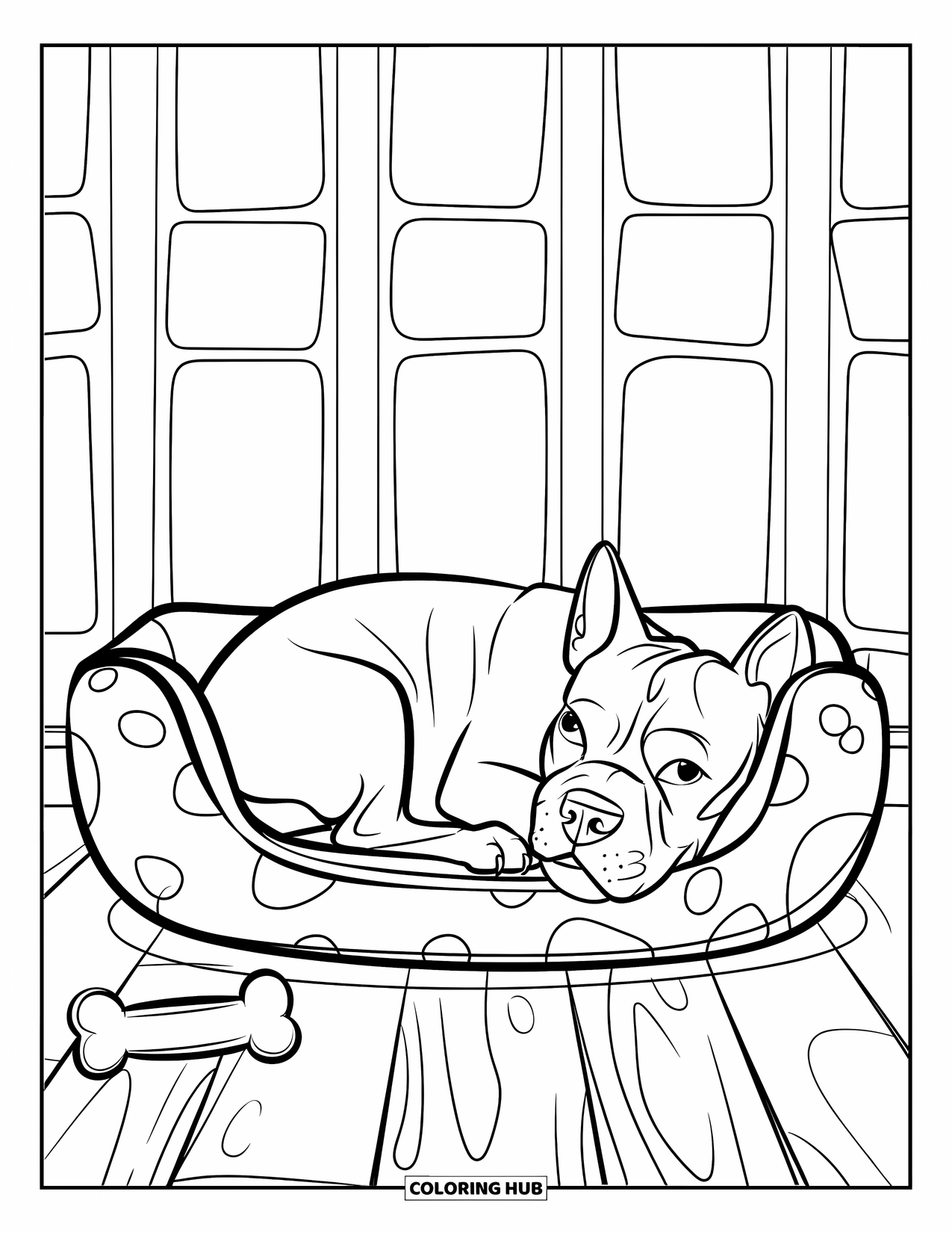 Pitbull Ausmalbild für Kinder: Pitbull rollt sich in einem gemütlichen Hundebett mit einem Spielzeugknochen daneben zusammen