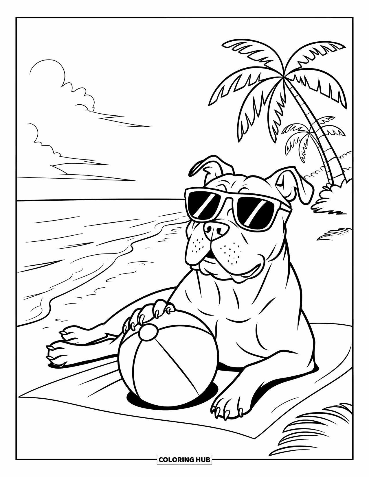 Pitbull Ausmalbild für Kinder: Pitbull genießt den Strand mit Sonnenbrille, einem Ball und sanften Meereswellen