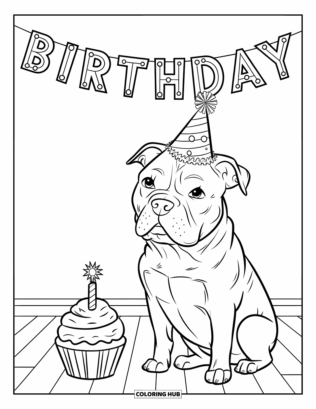Pitbull Ausmalbild für Kinder: Pitbull mit Partyhut sitzt neben einem Geburtstagscupcake und einer festlichen Girlande