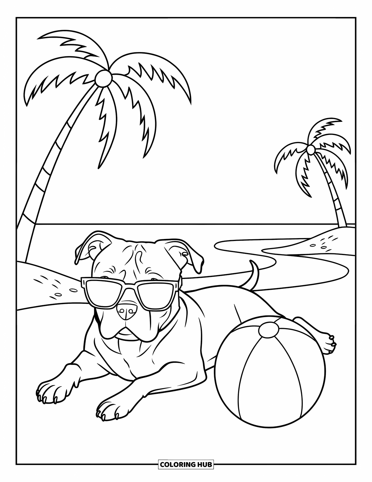 Pitbull Ausmalbild für Kinder: Pitbull liegt in der Nähe des Wassers und trägt eine Sonnenbrille, umgeben von Sand und Palmen