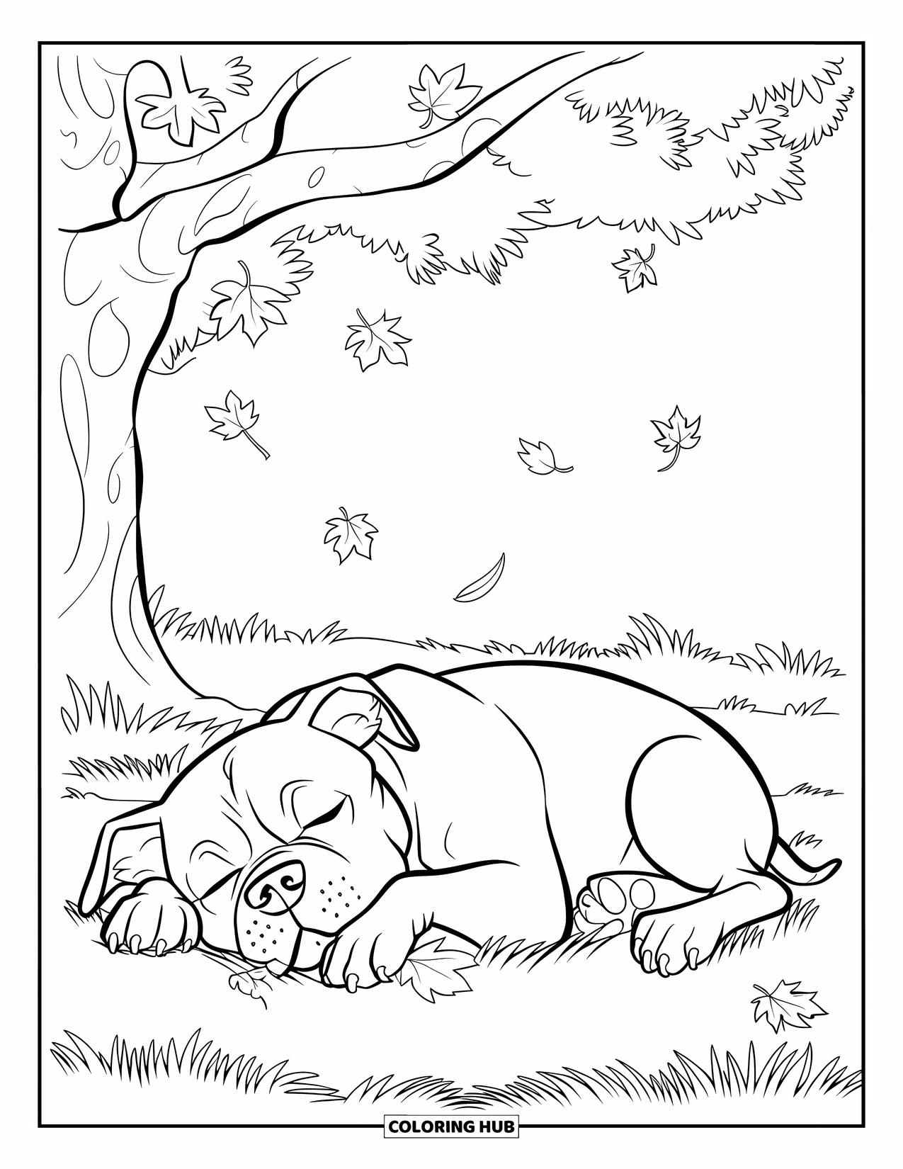 Pitbull Ausmalbild für Kinder: Pitbull liegt unter einem Baum, während Blätter sanft um ihn herum fallen