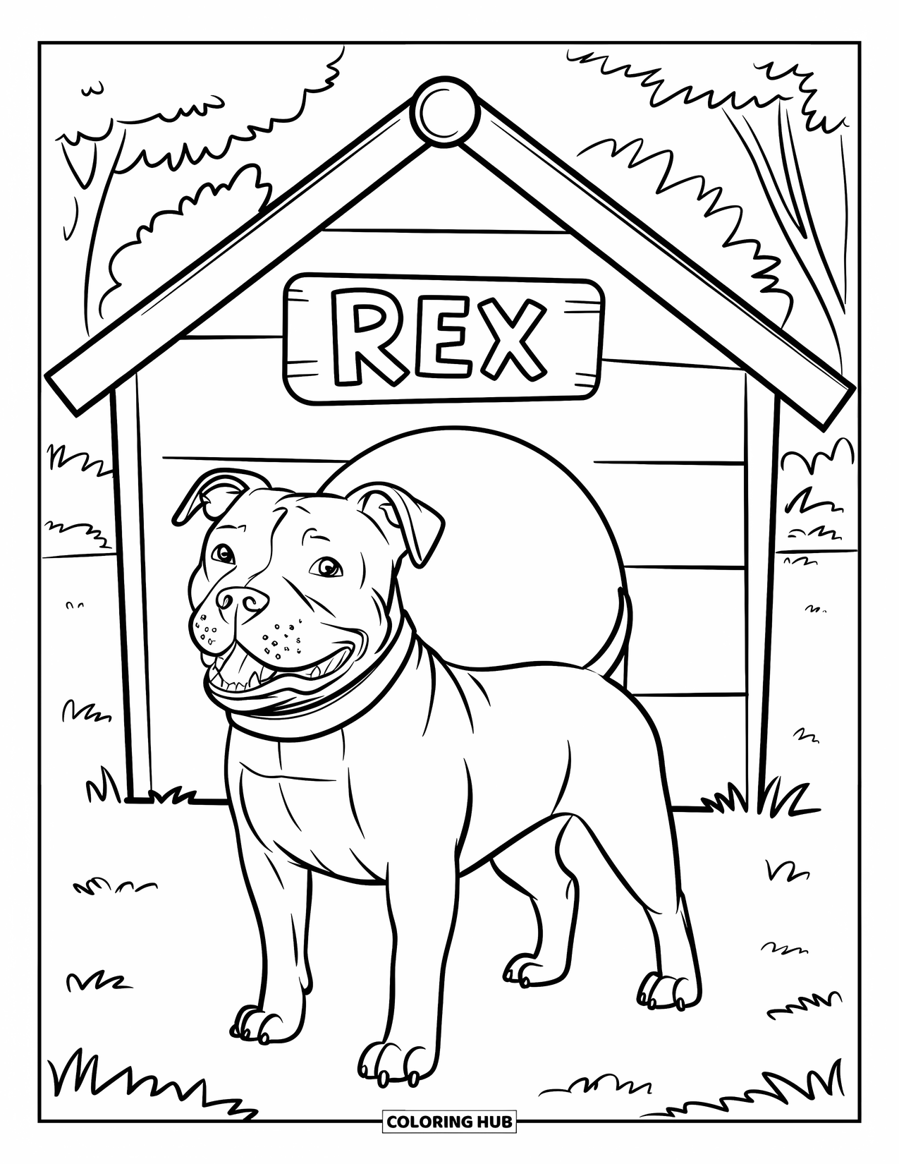 Pitbull Ausmalbild für Kinder: Pitbull posiert glücklich neben seiner Hundehütte auf einem sonnigen Rasen