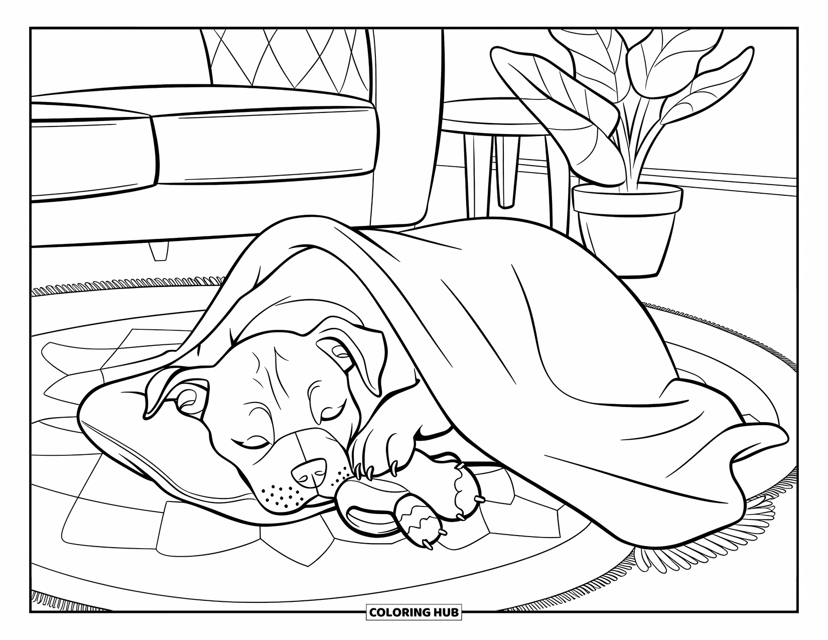Pitbull Ausmalbild für Kinder: Pitbull-Welpe döst in einem gemütlichen Zimmer mit einem Stuhl und einer Pflanze