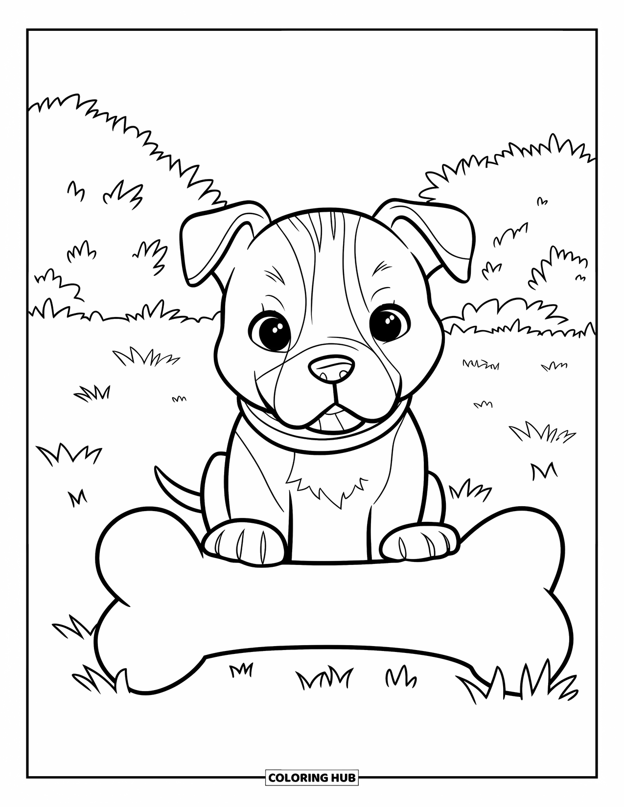Pitbull Ausmalbild für Kinder: Pitbull-Welpe mit einem Halsband sitzt im Gras neben einem glatten Knochen