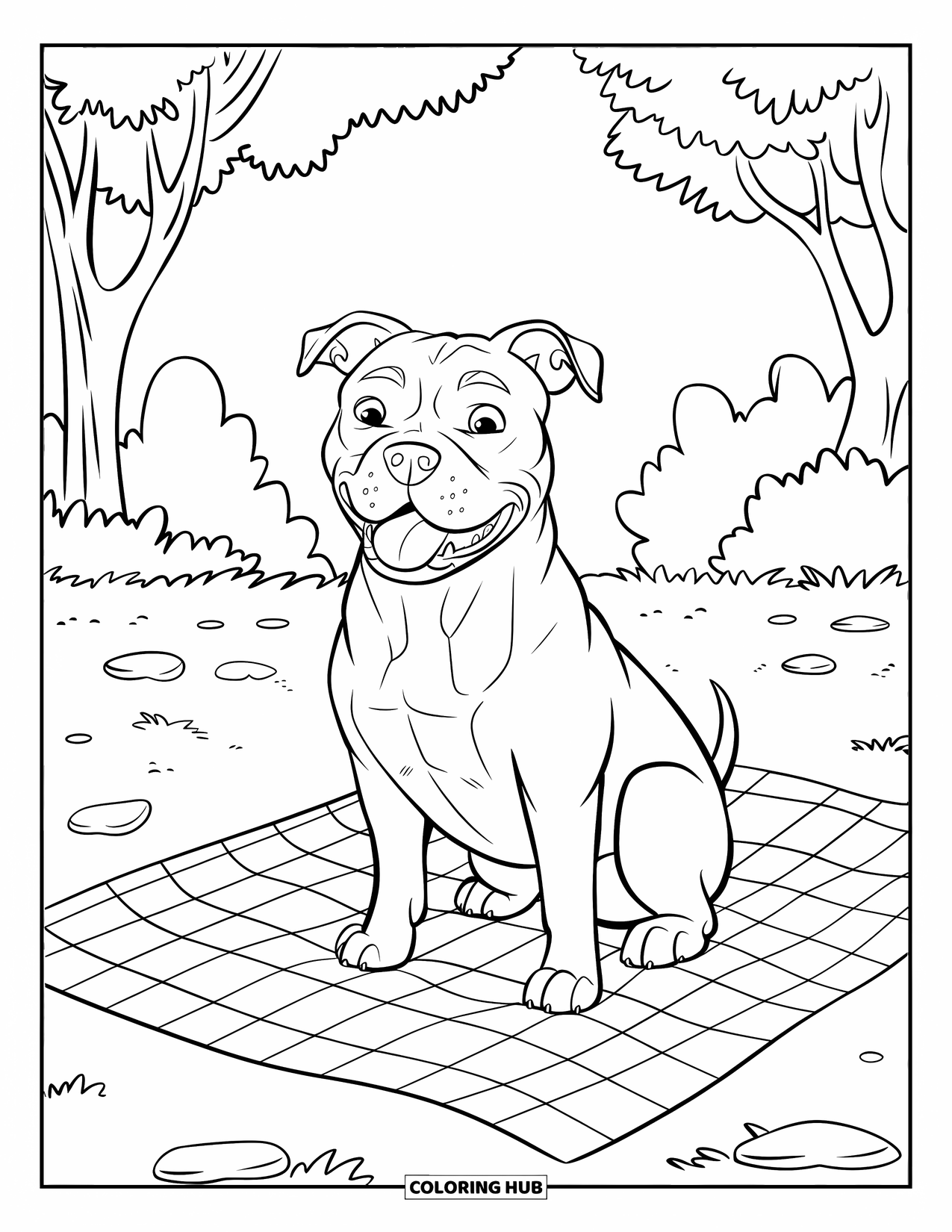 Pitbull Ausmalbild für Kinder: Pitbull ruht neben einem Picknickkorb auf einem grasbewachsenen Parkweg