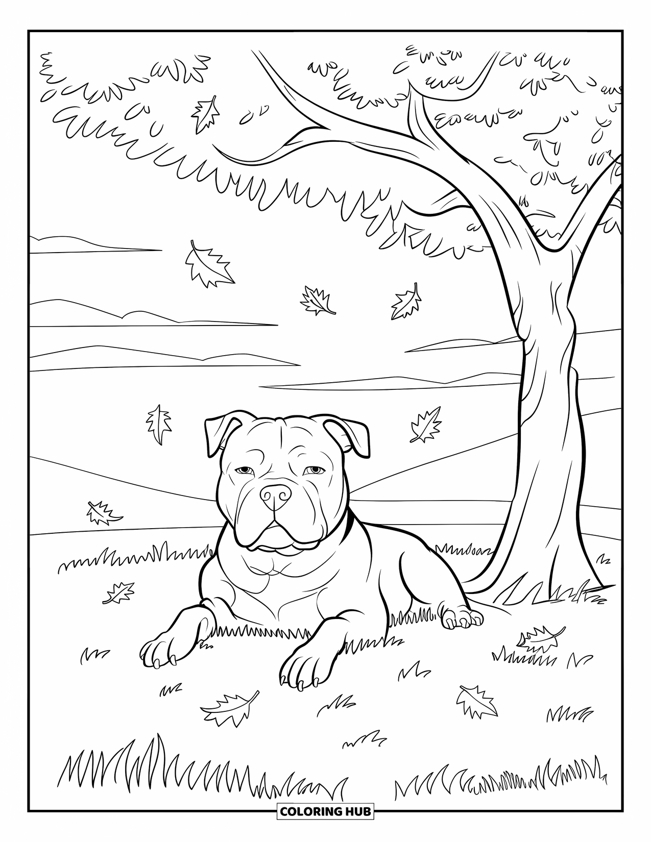 Pitbull Ausmalbild für Kinder: Pitbull ruht auf Gras unter einem Baum, in dessen Nähe Blätter verstreut sind