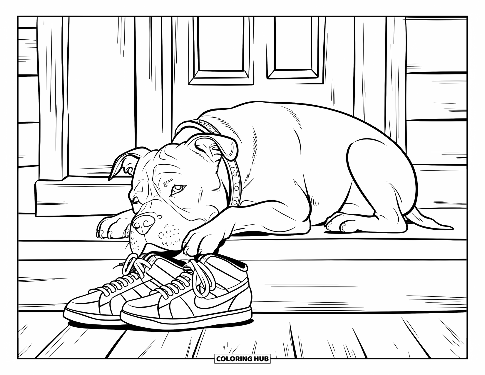 Pitbull Ausmalbild für Kinder: Pitbull sitzt ruhig in der Nähe eines Paars Turnschuhe an einer gemütlichen Türschwelle