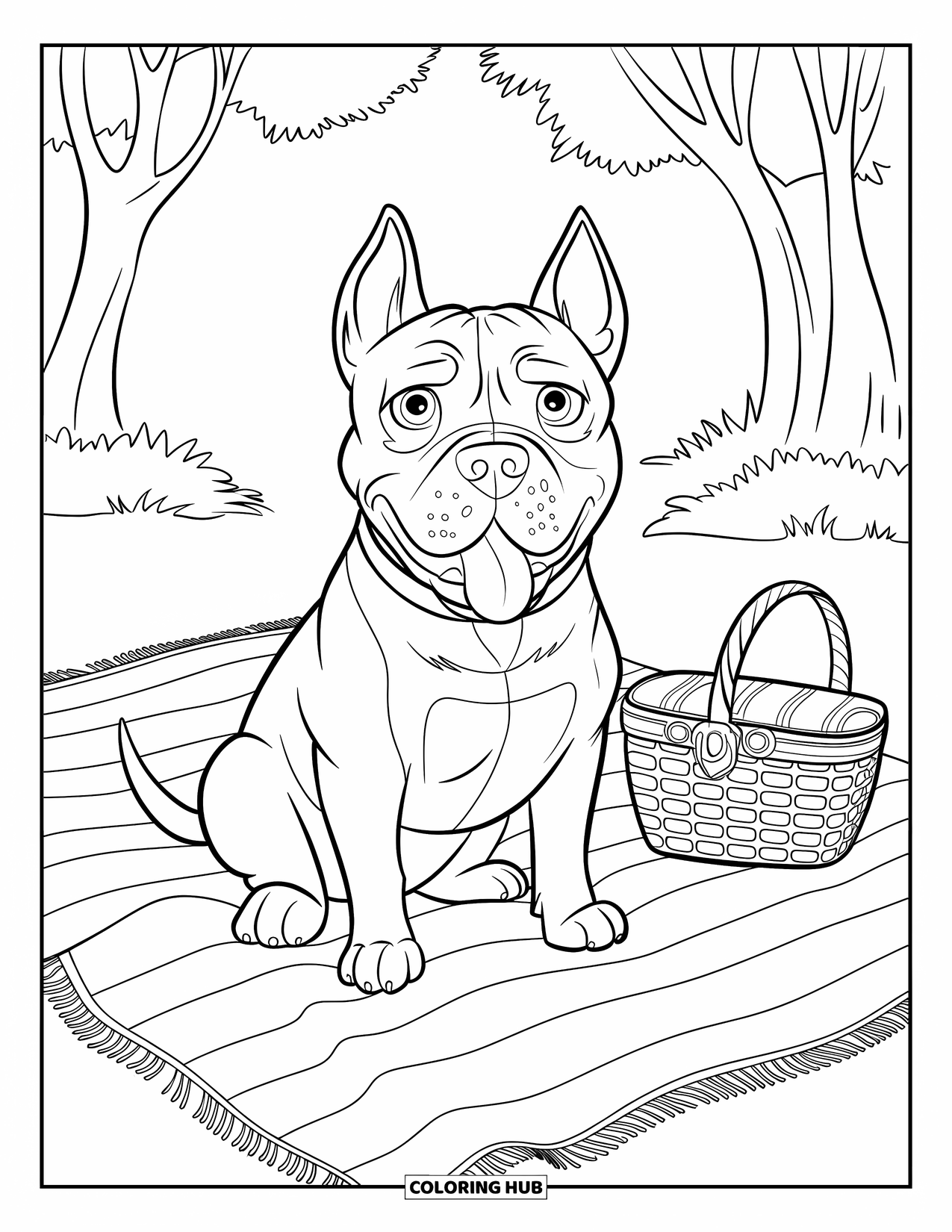Pitbull Ausmalbild für Kinder: Pitbull sitzt auf einer Picknickdecke mit einem Korb in einem sonnigen Park